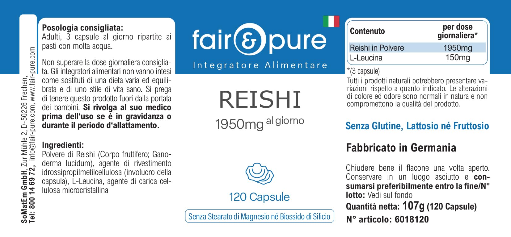 Fair & Pure® - Capsule di Reishi 1950 mg - 120 capsule - Ganoderma lucidum - Fungo medicinale - Altamente dosato - Vegano