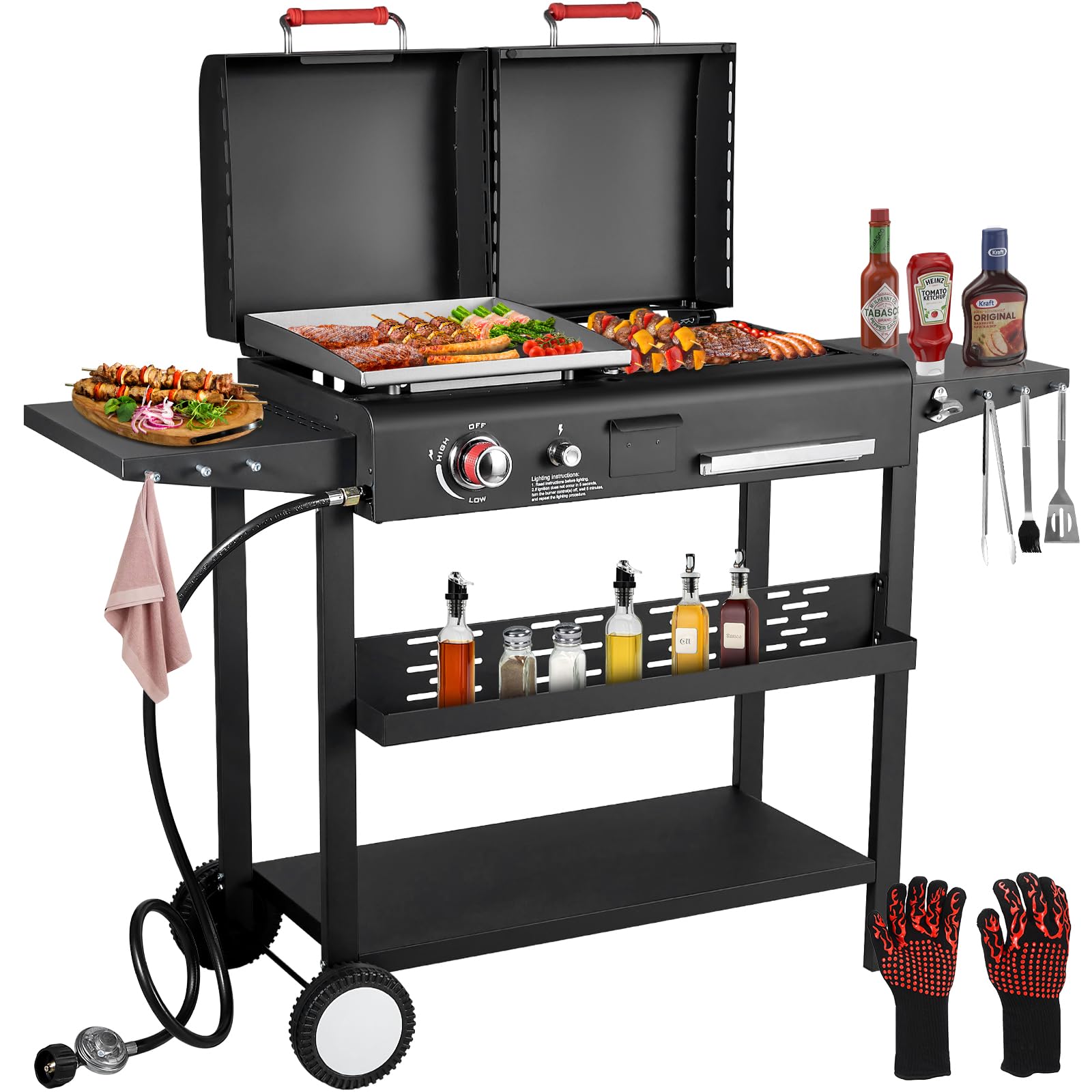 BESTFIRE propane and charcoal grill combo with dual lids and side shelves