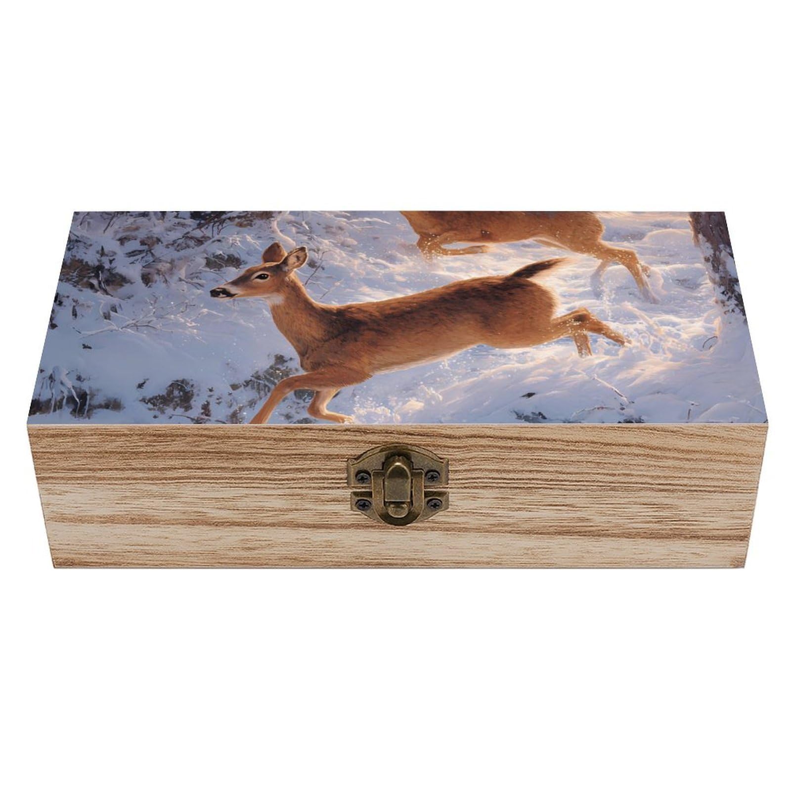 HLBSDM Deers Snowy Warm Winter Sun Wooden Storage Box Craft Memory Keepsake Treasure Chest Box Jewelry Organizer