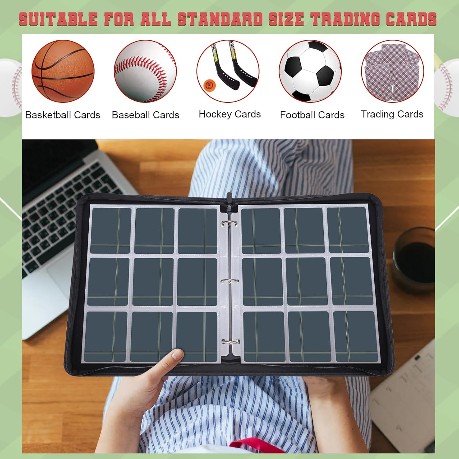 Baseball Card Binder 9-Pocket, HYMENEX Trading Card Binder 900 Pockets with Keychain and 50 Removable Sheets for Trading, Sports, Game and Baseball Cards Collection