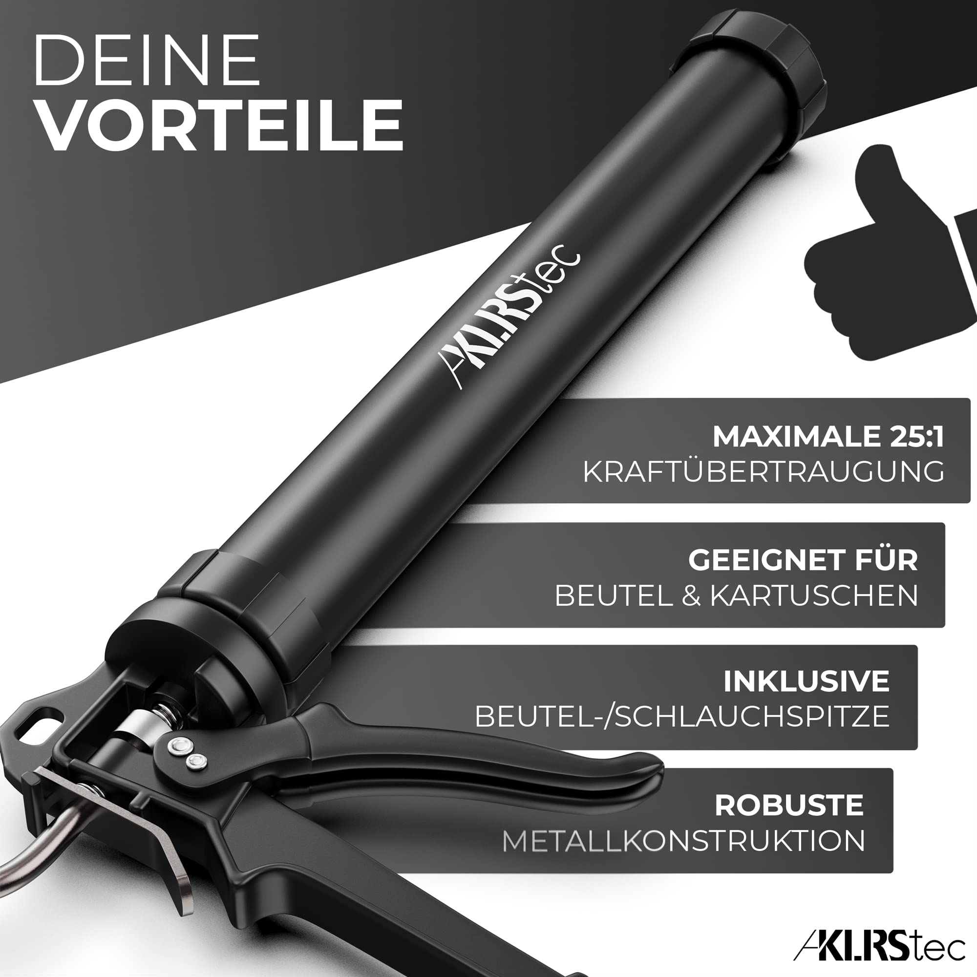 KLRStec PRO XL 600ml Kartuschenpresse aus Metall - Geschlossene Profi 4K Beutel Kartuschenpistole für alle gängigen 310-600ml Dicht- und Klebstoffkartuschen (Silikon, Acryl, Lehm etc.) mit Zubehör