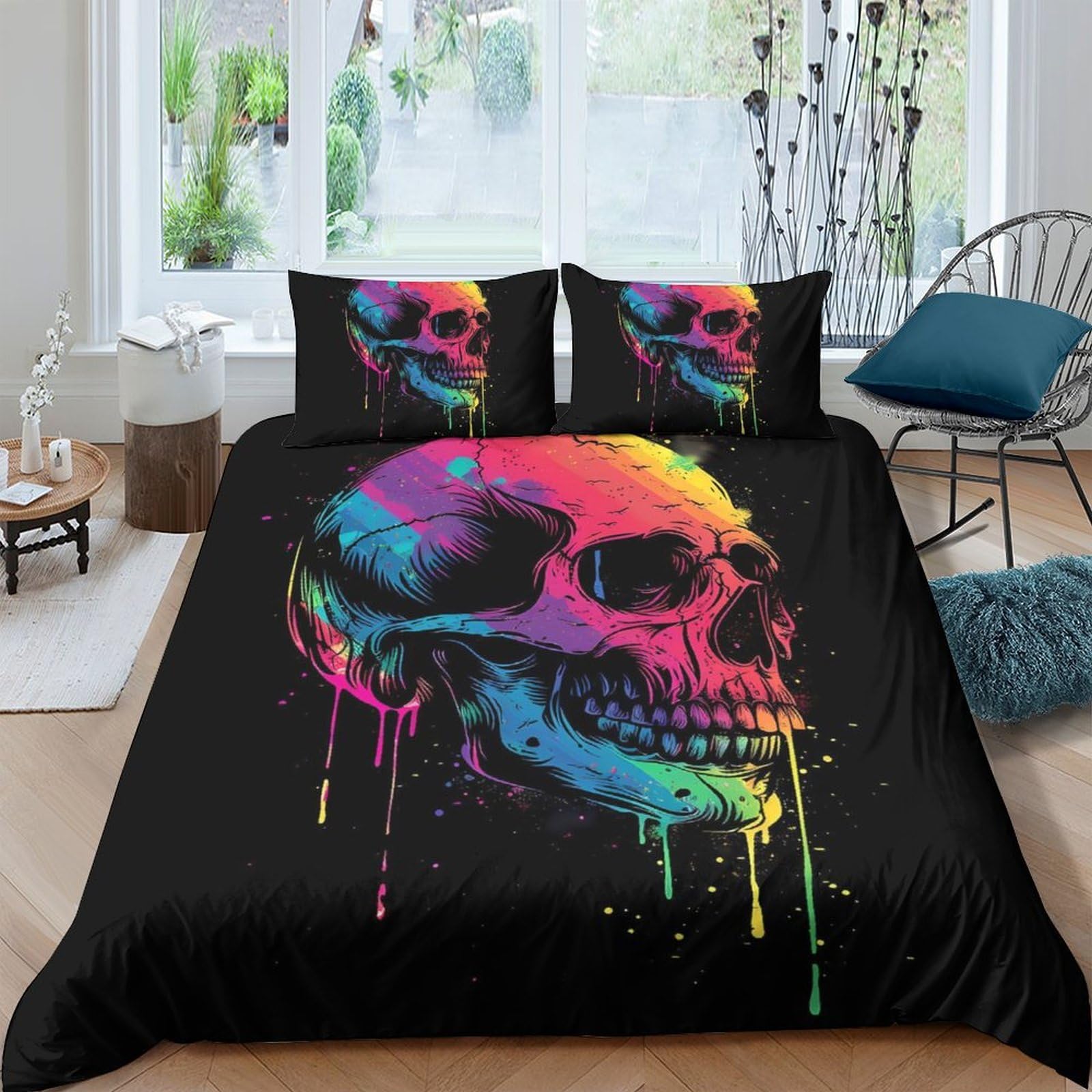 GPLZQXKJNH 3D Printed Neon Skull Duvet Cover Set Microfiber Soft Breathable Graffiti Skull Bedding Set with 2 Pillowcases for Bedroom Decor Single（135x200cm）