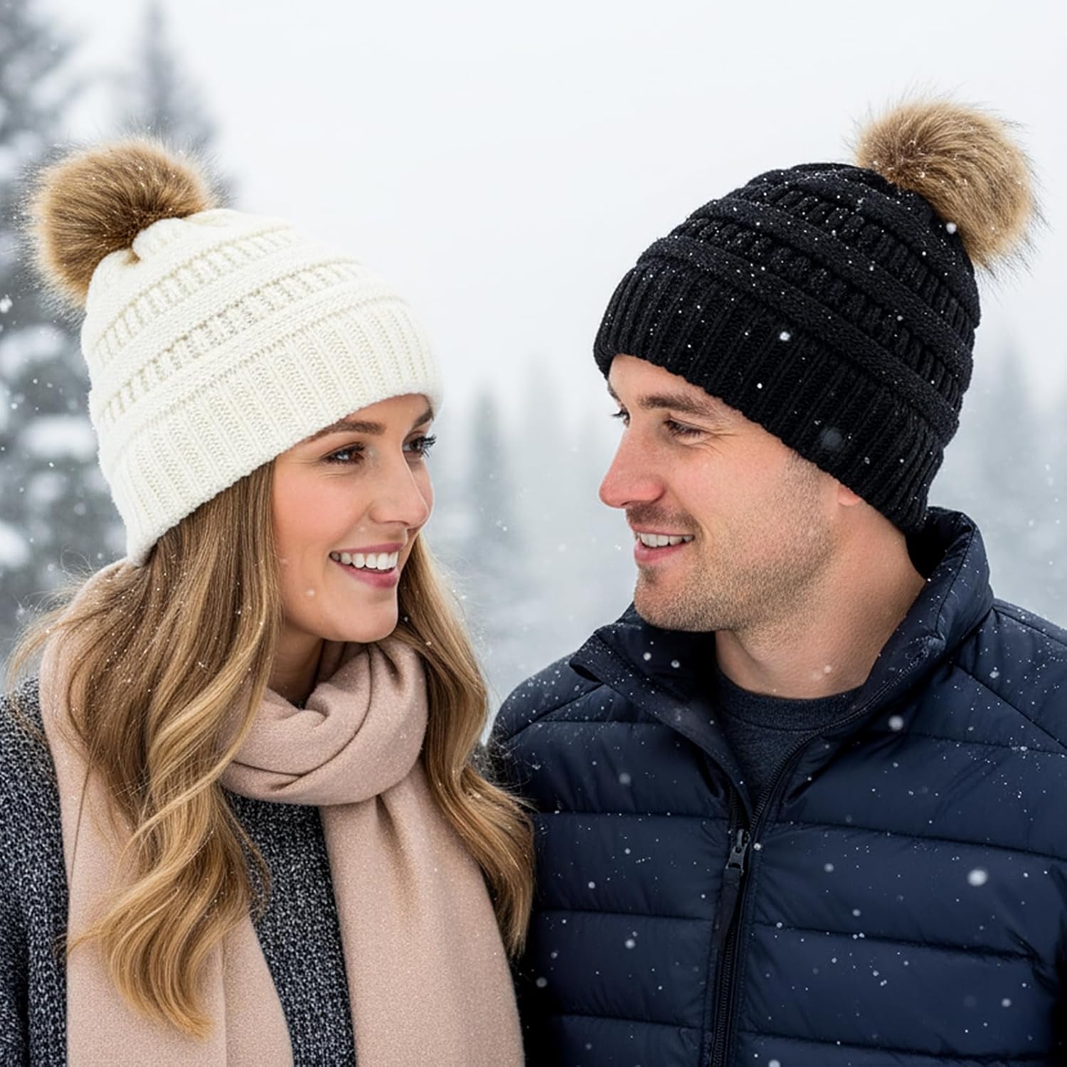 Knitted Beanie Hat with Faux Fur Pom Couple Winter Warm Skull Cap Knit Beanie Soft Ski Cap for Women Men - Image 7