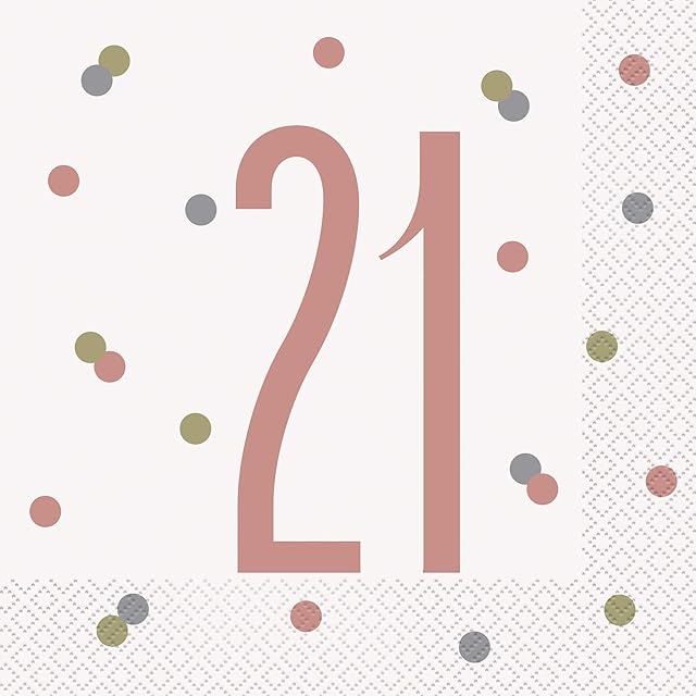 Unique Party 84881 21st Birthday Lunch Paper Napkins - 6.5" x 6.5" | Gittery Rosegold | 16 Pcs, Age 21, Rose Gold, Count (Pack of 1)