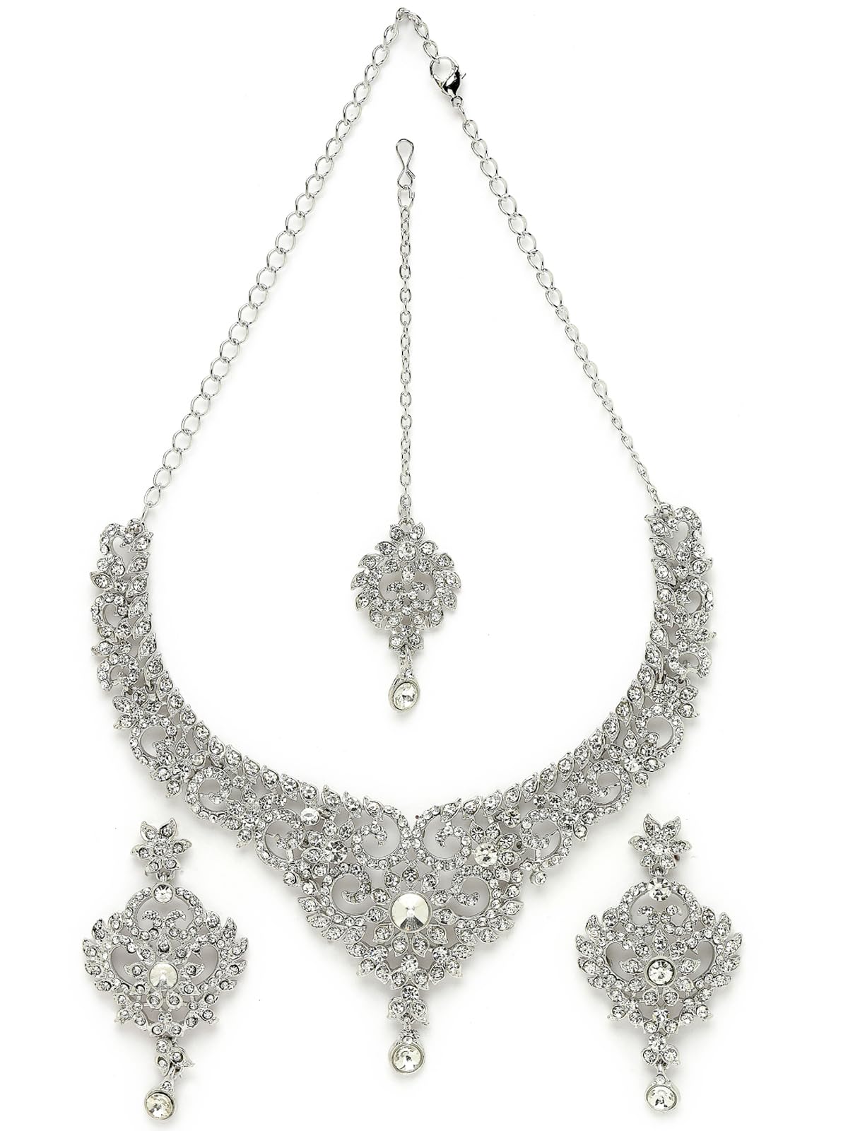 Sukkhi Magnifecent Rhodium Plated Silver AD White Stones Collar Bone Necklace Set With Earring And Maangtika | Jewellery Set For Women (NS105570) (B0CBB9YW1D) Amazon Price History, Amazon Price Tracker