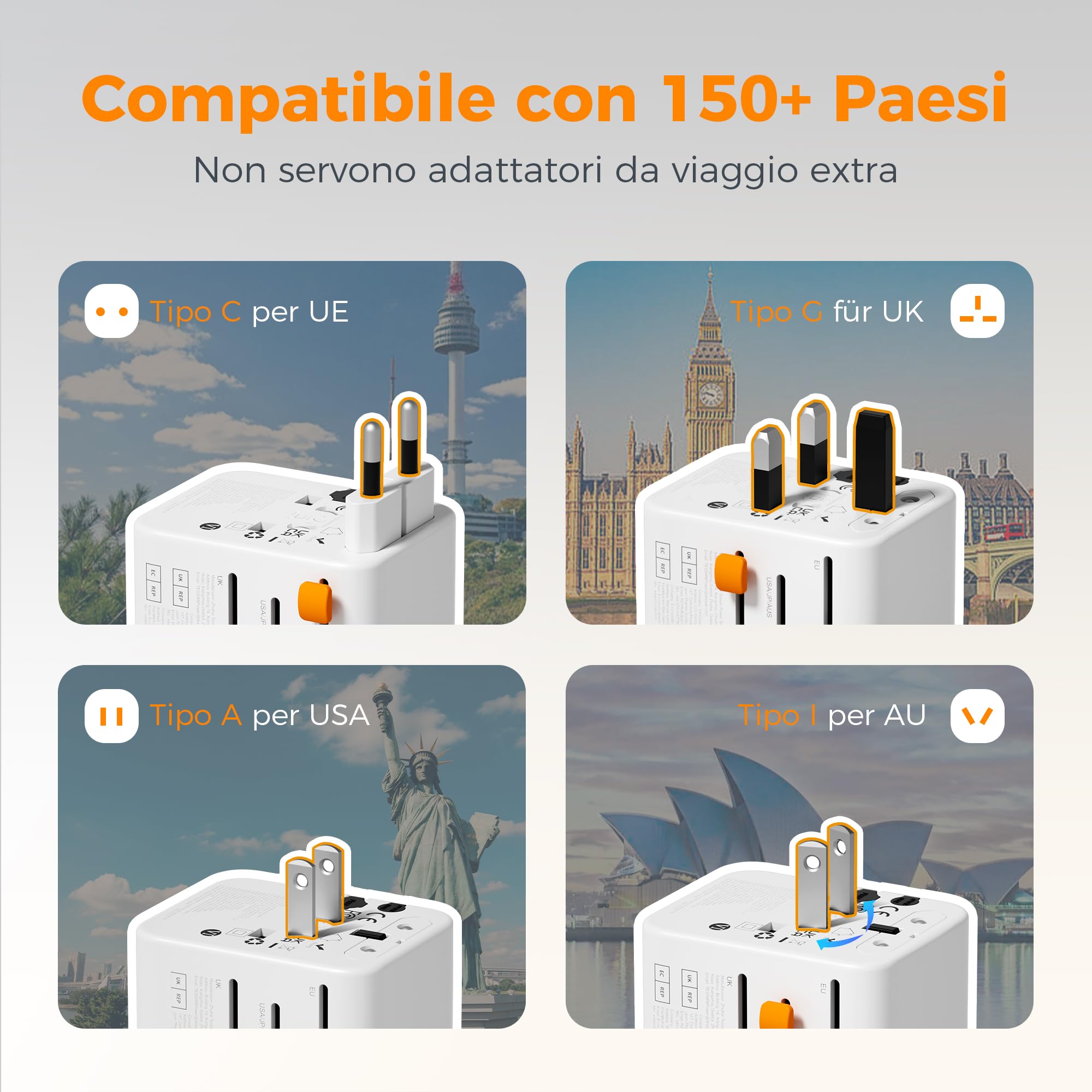 TESSAN Adattatore Universale da Viaggio con 2 USB C e 2 USB A, Presa per Spina Internazionale