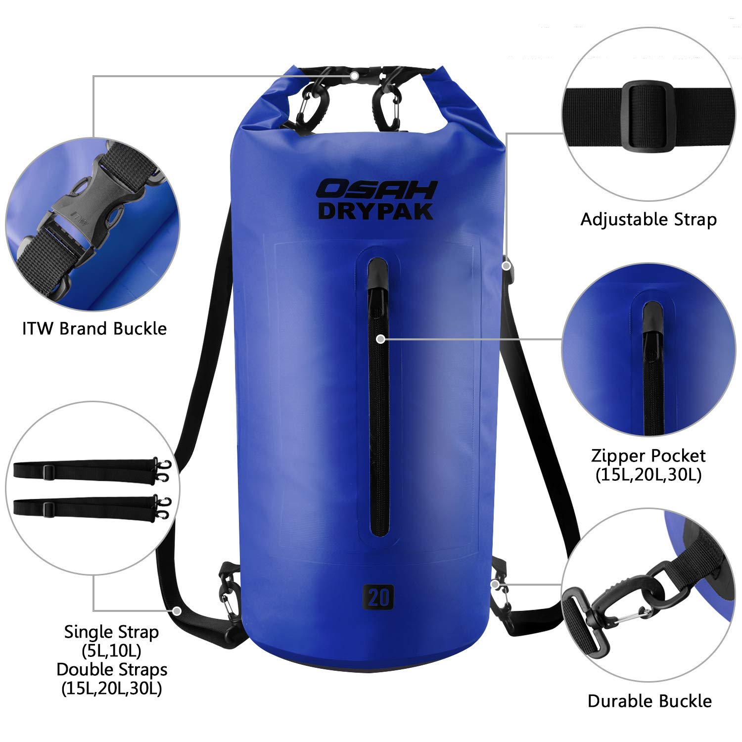 OSAH DRYPAK Borse Impermeabile Sacca Dry Bag 5L 10L 15L 20L 30L con Tracolla Regolabile per Spiaggia Sport d'Acqua Trekking Kayak Canoa Pesca Rafting Nuoto Campeggio