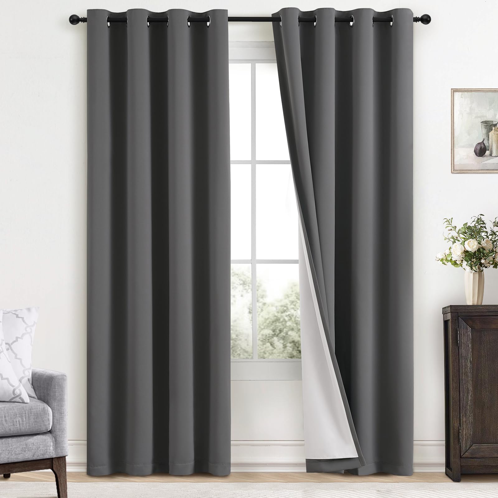 Yakamok Room Darkening 100% Blackout Curtains Grommet Window Treatments with 2 Thick Layers-Charcoal Grey Thermal Insulated Drapes Set of 2 Panels for Bedroom Living Room 52 Inches by 96 Inches Length โ image 1