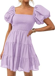 Women's Boho 2025 Summer Square Neck Puff Sleeve Off Shoulder Smocked Tiered Casual A Line Short Mini Dress - Buy now