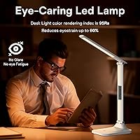 Vista 5 de Desk Lamp with Rechargeable, Wireless Portable Table Lamp, Dimmable Office Desk Light with Clock, Alarm, Date, Temperature, Foldable Lamp for Table