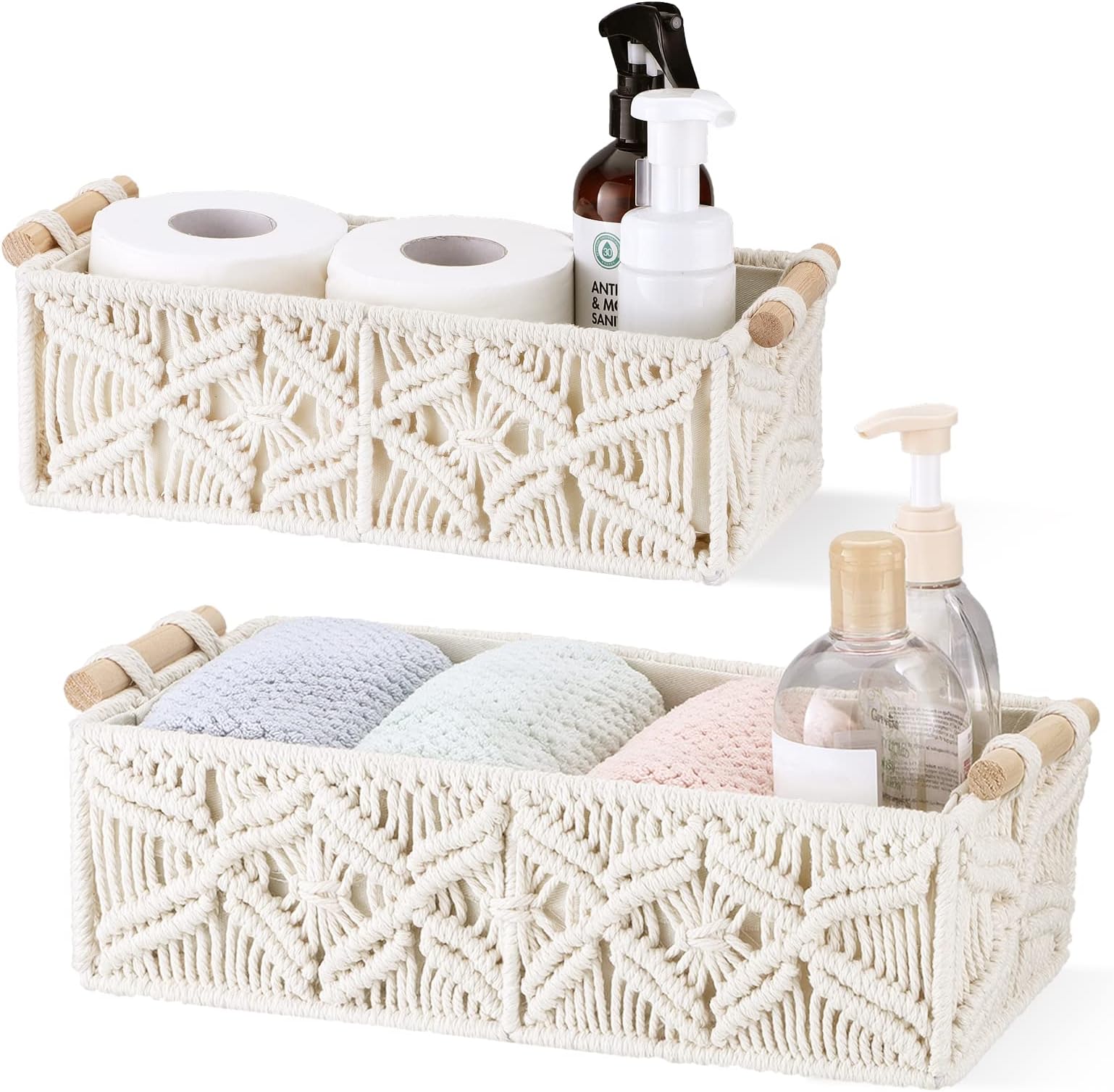 Firelex Storage Basket Boho Decor Box - 2 Pack Woven Decorative Basket for Organizing Countertop Toilet Paper Basket - Shelf Basket with Wooden Handle for Bathroom Bedroom Living Room Entryway