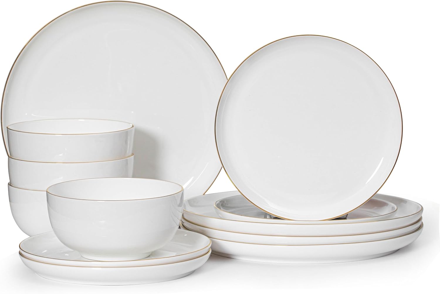 Perlaceo Luxurious Collection of White with Gold Rim Bone China Dinnerware Set-Lightweight and Durable-Service for 4 or 8, Including Dinner, Salad Plates, and Cereal or Soup Bowls, 12-Piece