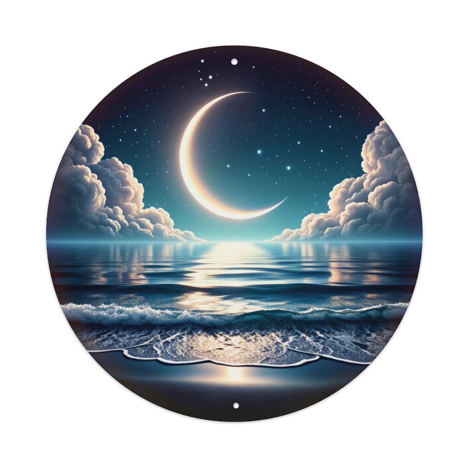 Moonlit Ocean Night Sky Clouds Round Tin Sign Vintage Metal Poster, Home Bar Garage Man Cave Cafe Indoor & Outdoor Wall Decoration 8x8Inches