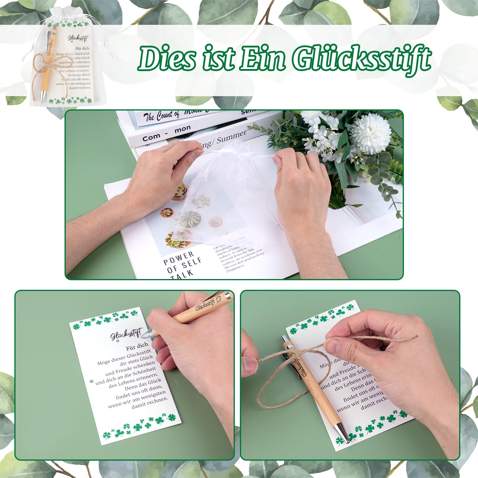 24 Sets Glücksstift Kugelschreiber Holz mit Karte,Abschiedsgeschenk Kollegen,Abschiedsgeschenk Schüler,Dankeschön Geschenke,Kleine Geschenke für Kollegen,Gastgeschenke Geburtstag, Erzieherin Geschenk