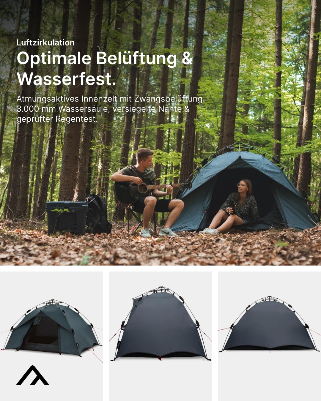 qeedo Quick Ash Campingzelt für 2 Personen mit Quick-Up-System (Schnellaufbau) - Zweimannzelt leicht & wasserdicht, Eingang mit Moskitonetz und kleinem Vordach - Kuppelzelt mit schnellem Auf- & Abbau