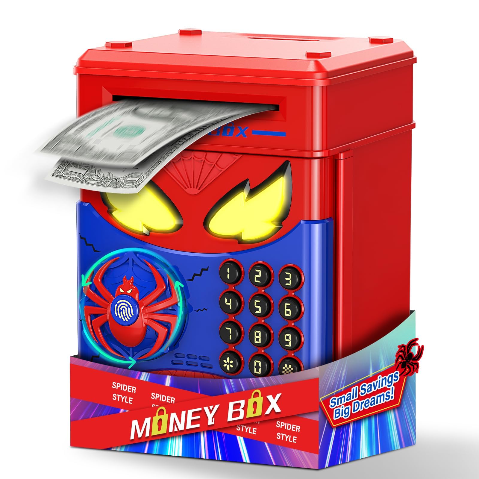 Vubkkty Spider Password Money Box for Kids with Simulated Fingerprint, Blue