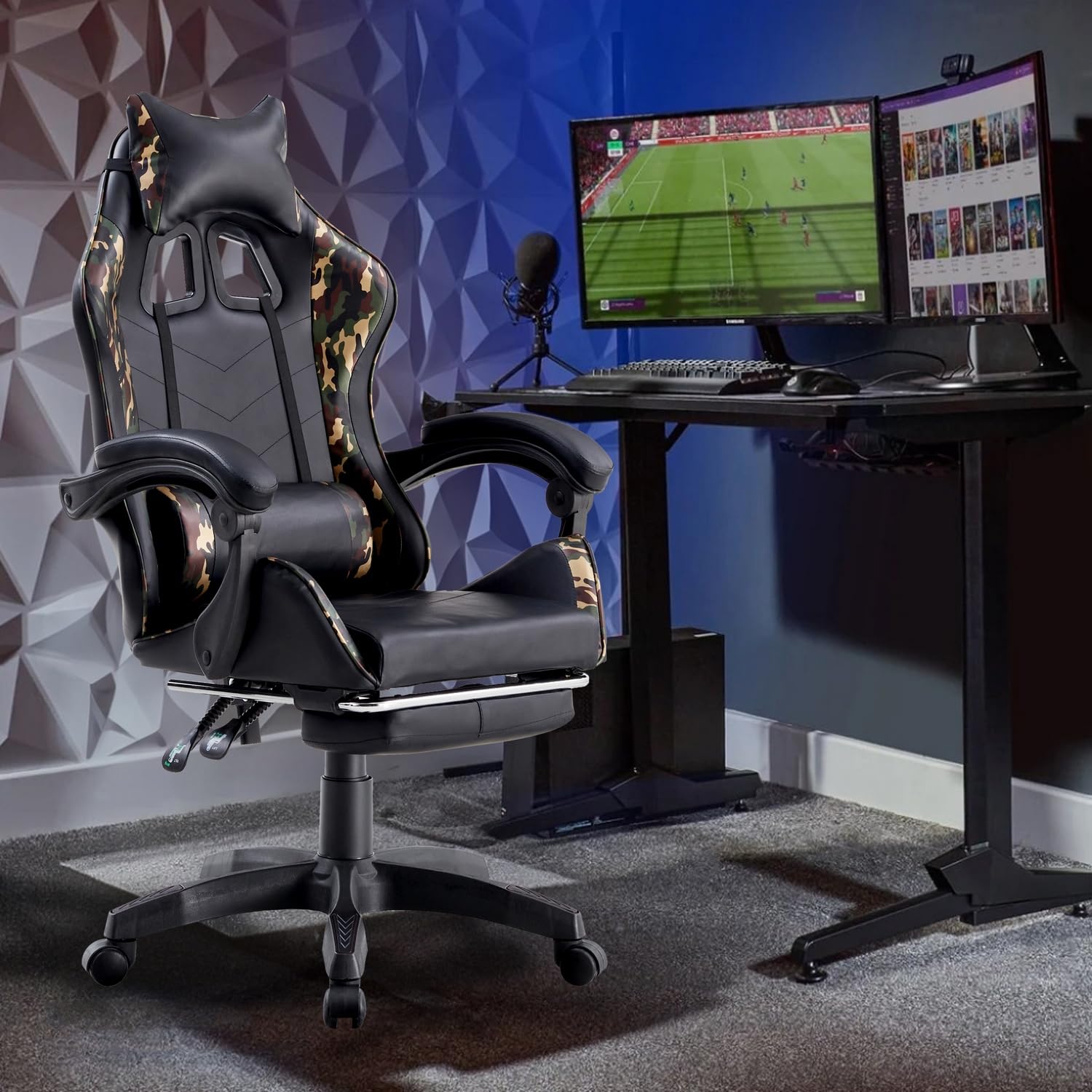 WeHome - Sedia da Gaming Racing Ergonomica Reclinabile con Braccioli, Poltrona Ufficio Girevole con Rotelle, Poggiapiedi, Poggiatesta e Cuscino Lombare in Similpelle, Portata: 125kg (Camouflage)