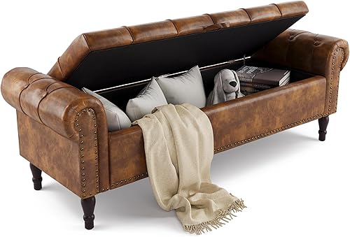 Cozyman Banco otomano de almacenamiento, banco de ventana con brazo enrollado de piel sintética de 62 pulgadas, banco de ventana con botón copetudo