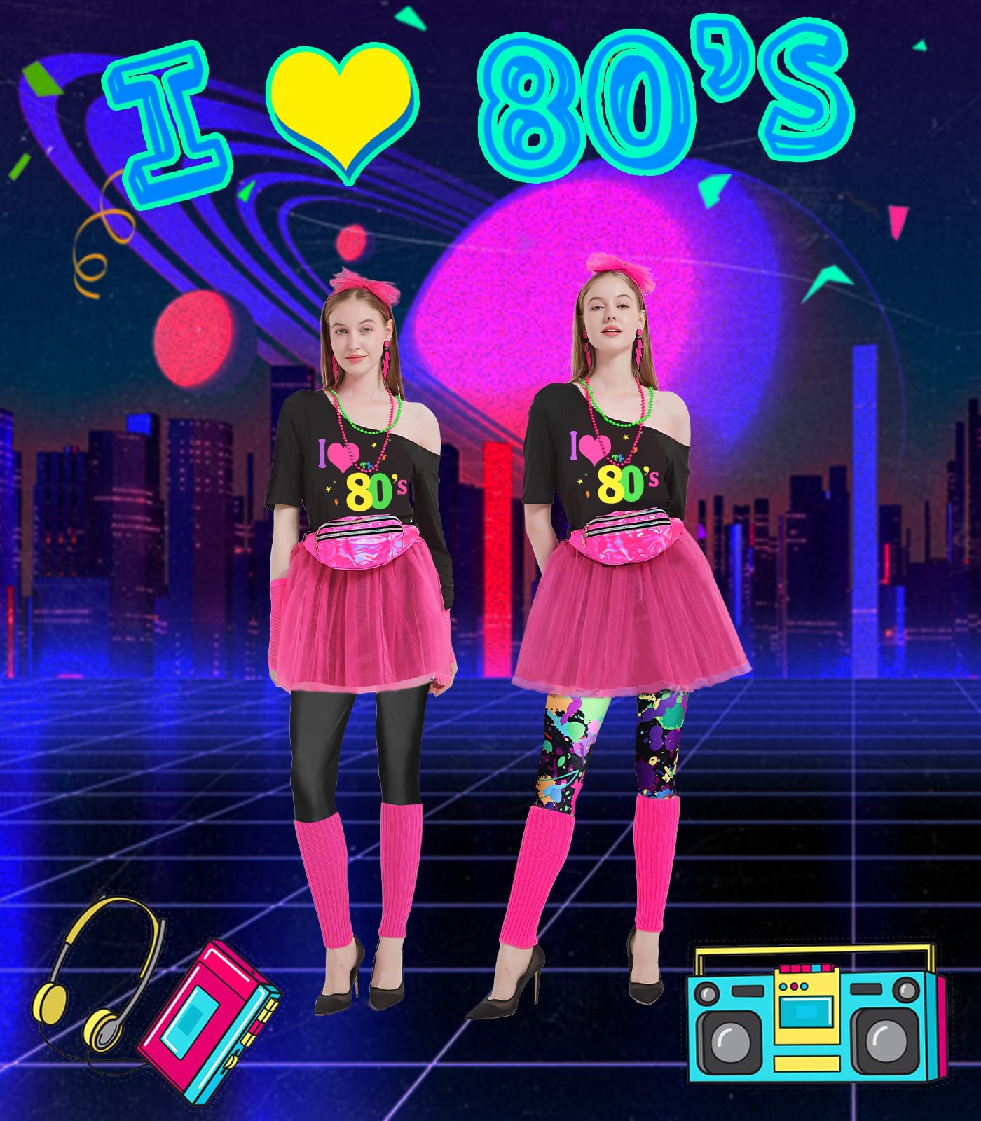 WILDPARTY 80s Fancy Dress for Women I Love 80s T-shirt, Tutu Skirt, Leggings, Leg Warmers, Necklace, Fishnet Gloves - Image 6