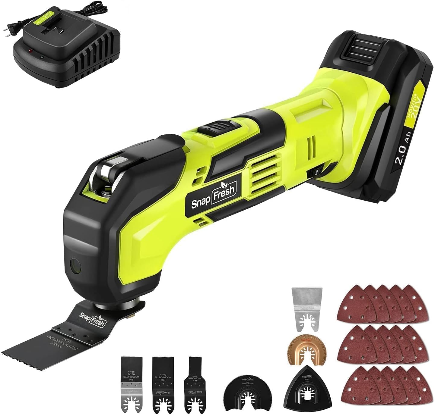 SnapFresh Oscillating Multi Tool Cordless, 20V DIY Tool Kit, 6 Speed, 3.2°Oscillation Angle, Quick-Lock Replaceable, 24pcs Accessories, Battery & Fast Charger, For Scraping, Blades Sanding, Cutting