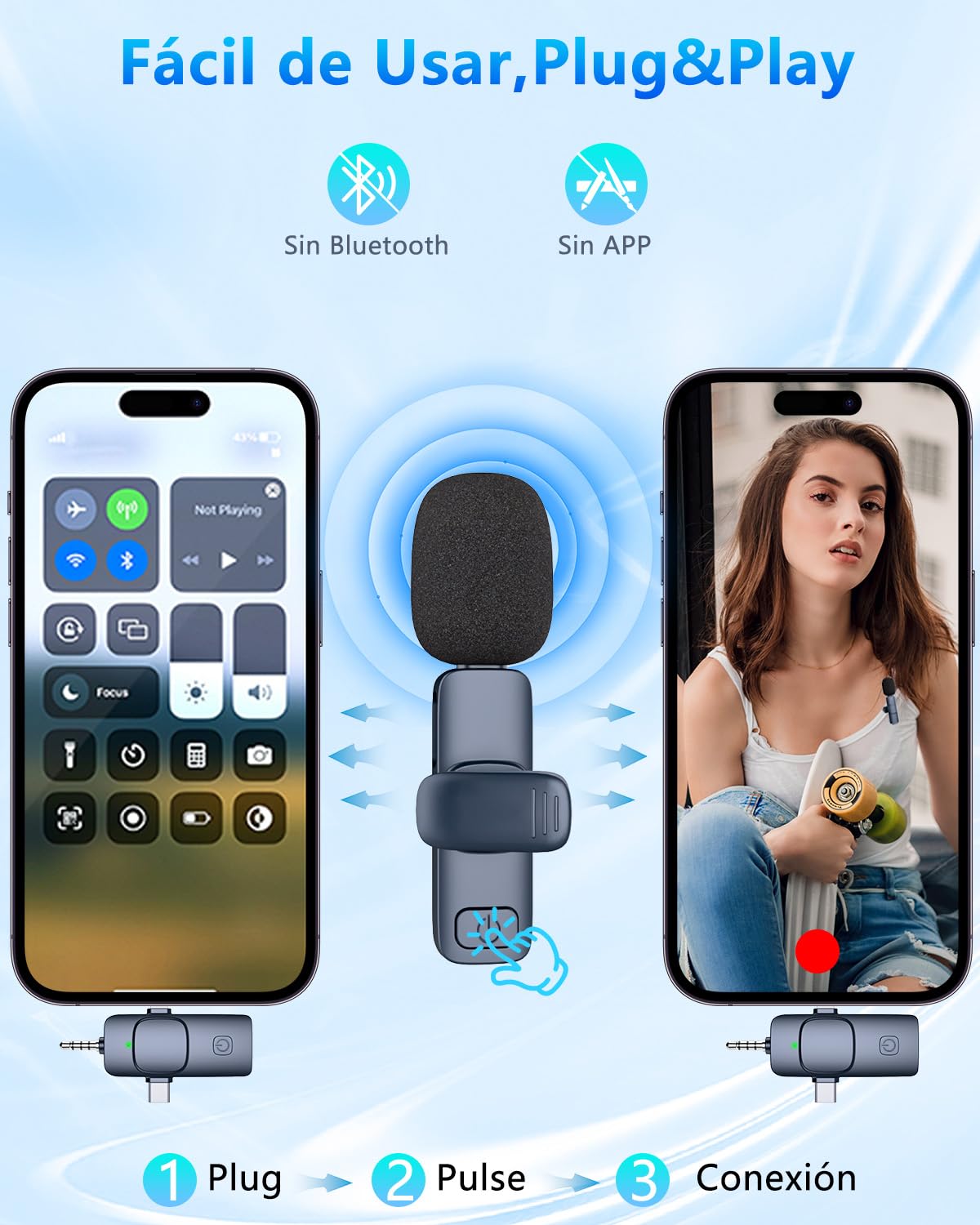 DDKJ Microfono Inalambrico para iPhone/Android/Cámara/PC,Microfono Solapa 4 en 1,Mini Microfono Movil Transmisión de 20M,Micro Inalambrico Plug&Play,Wireless Lavalier Microphone para Youtube/TikTok