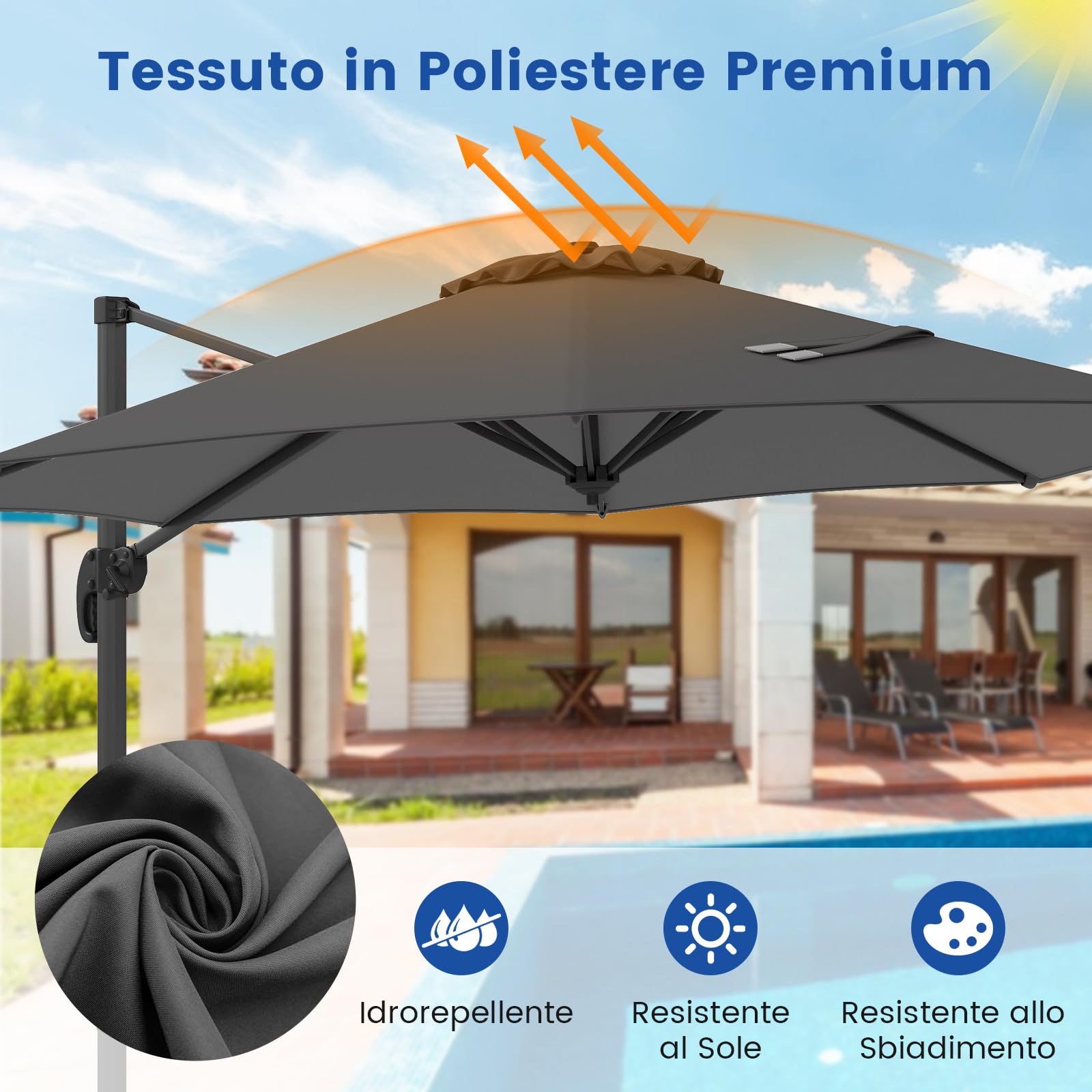 COSTWAY Ombrellone a Cantilever da Giardino 294 cm, Rotazione 360° e 5 Angoli Regolabili, 8 Stecche Base a Croce, Impermeabile, per Cortile Piscina Esterno(Grigio)