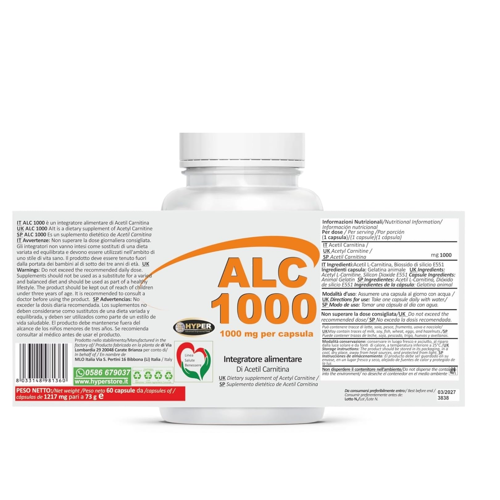 Hyper ACETIL L-CARNITINA 1000 MG per capsula | ALCAR Acetyl L-Carnitine + Energia favorisce il Metabolismo dei Grassi Attività Fisica intensa | Palestra, Sport Allenamento | 3 Flaconi da 60 Capsule