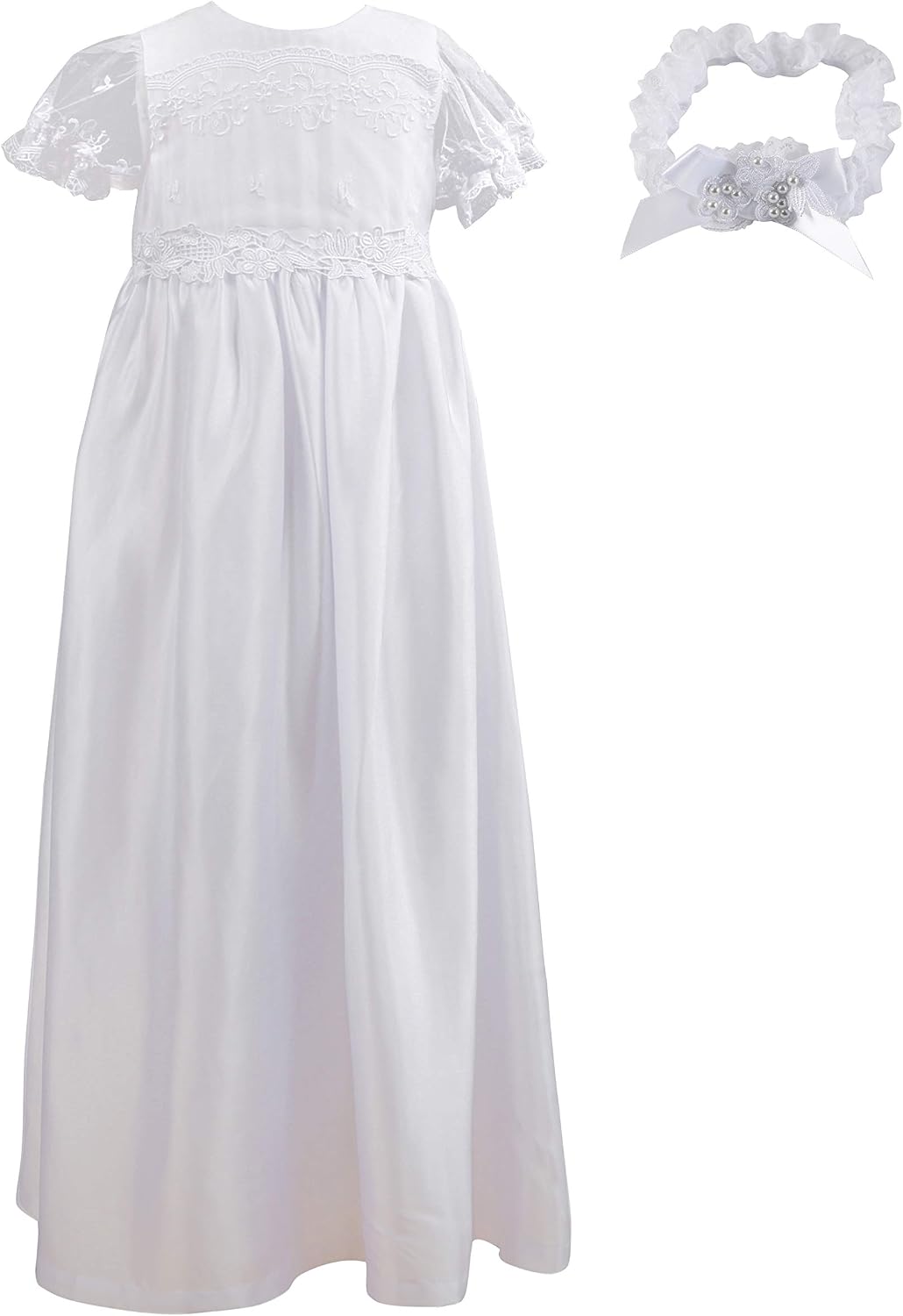 NIMBLE Baby Girls Baptism Christening Embroidered Gown with Headband for 0-12 Months
