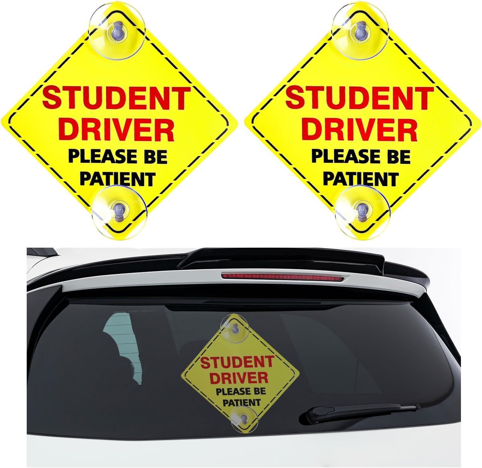 Dickno 2PCS Student Driver Sticker for Car Window, 5''5'' Red Removable New Driver Safety Sign with Suction Cup