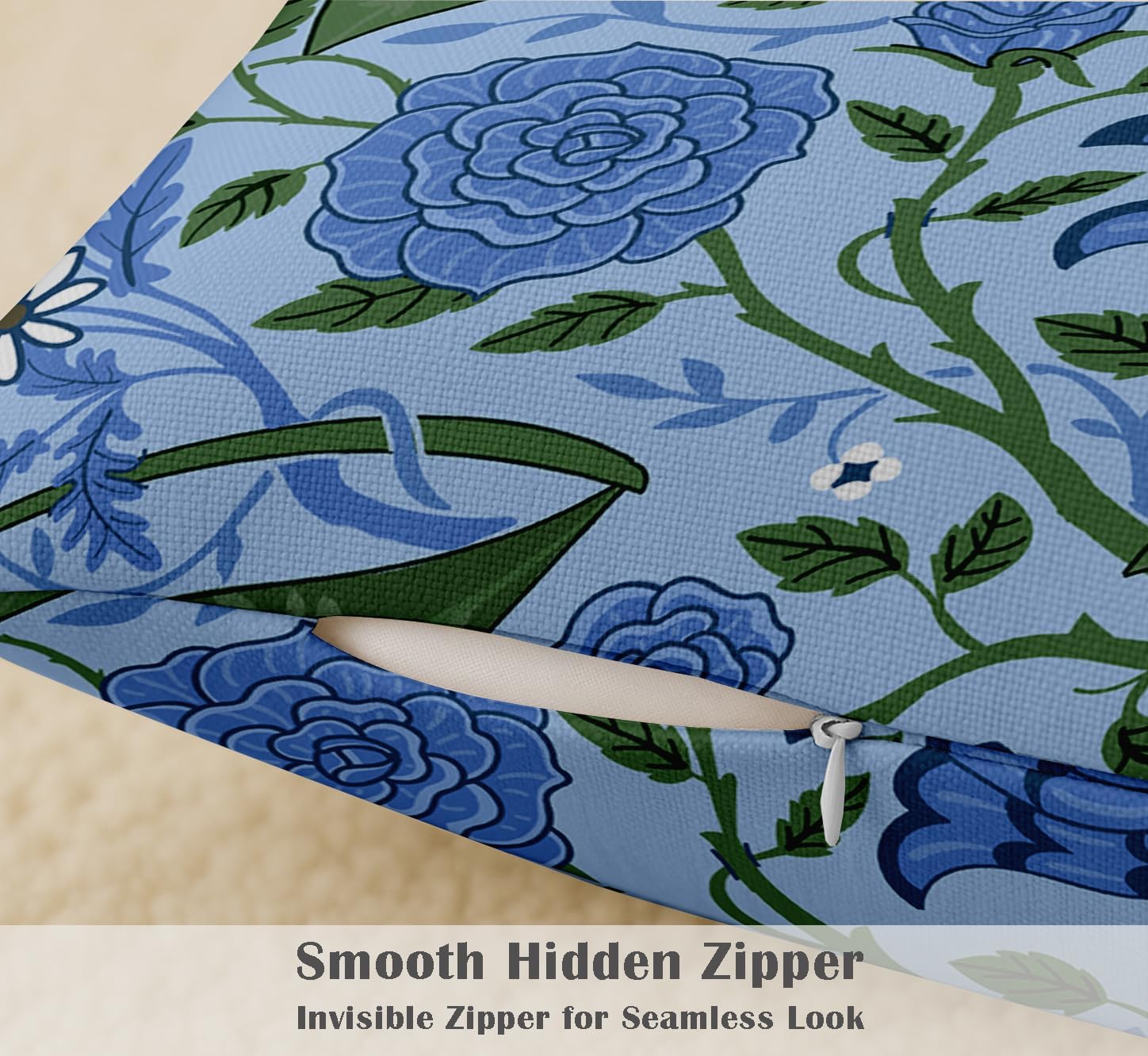 16x16 Inch Cushion Covers Set of 4 - Premium Cotton, Leaves Print, Reversible Printed Pillow Covers with Concealed Zipper - Blue