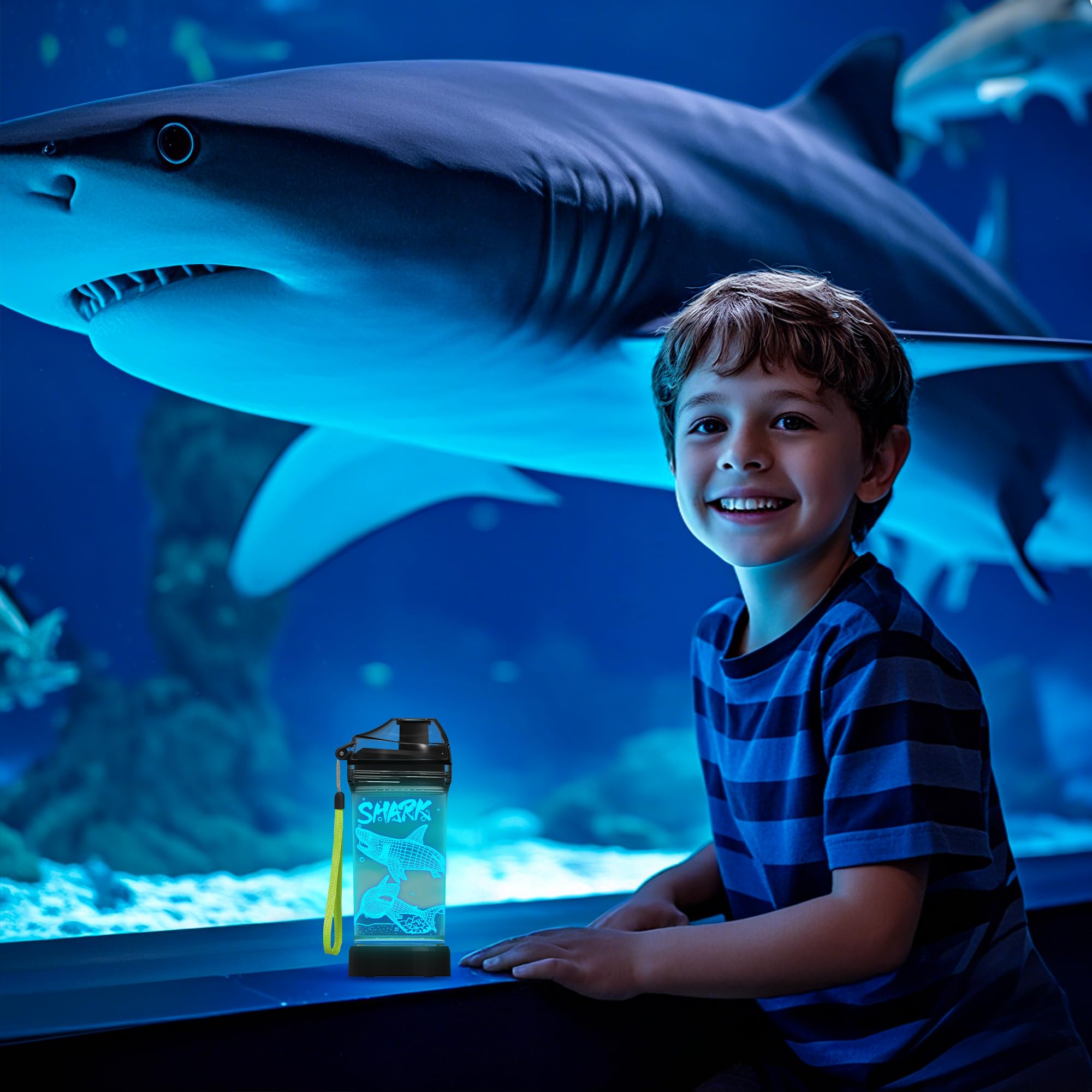 YuanDian Borraccia per bambini con motivo animali oceanici 3D, idea regalo per bambini, con squalo, in Tritan senza BPA, 400 ml, idea regalo per la scuola, per bambini e bambine