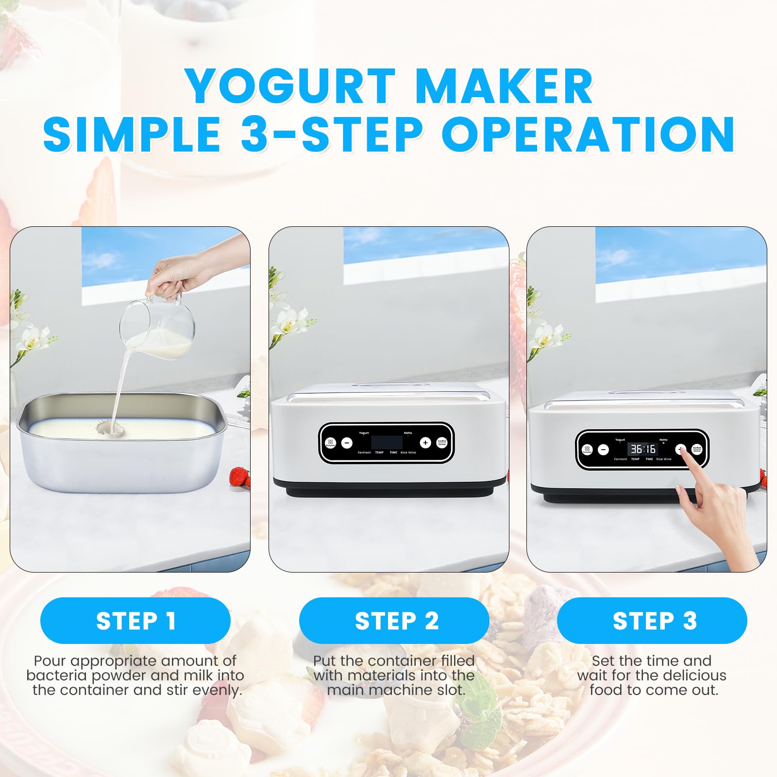 Jogurtbereiter, 9 Glasbehälter à 90 ml für bis 1,6L selbstgemachten Joghurt,Yogurt Maker mit Temperatur 20-55°C, Abschaltautomatik & LCD-Display, Joghurtmaschine weiß