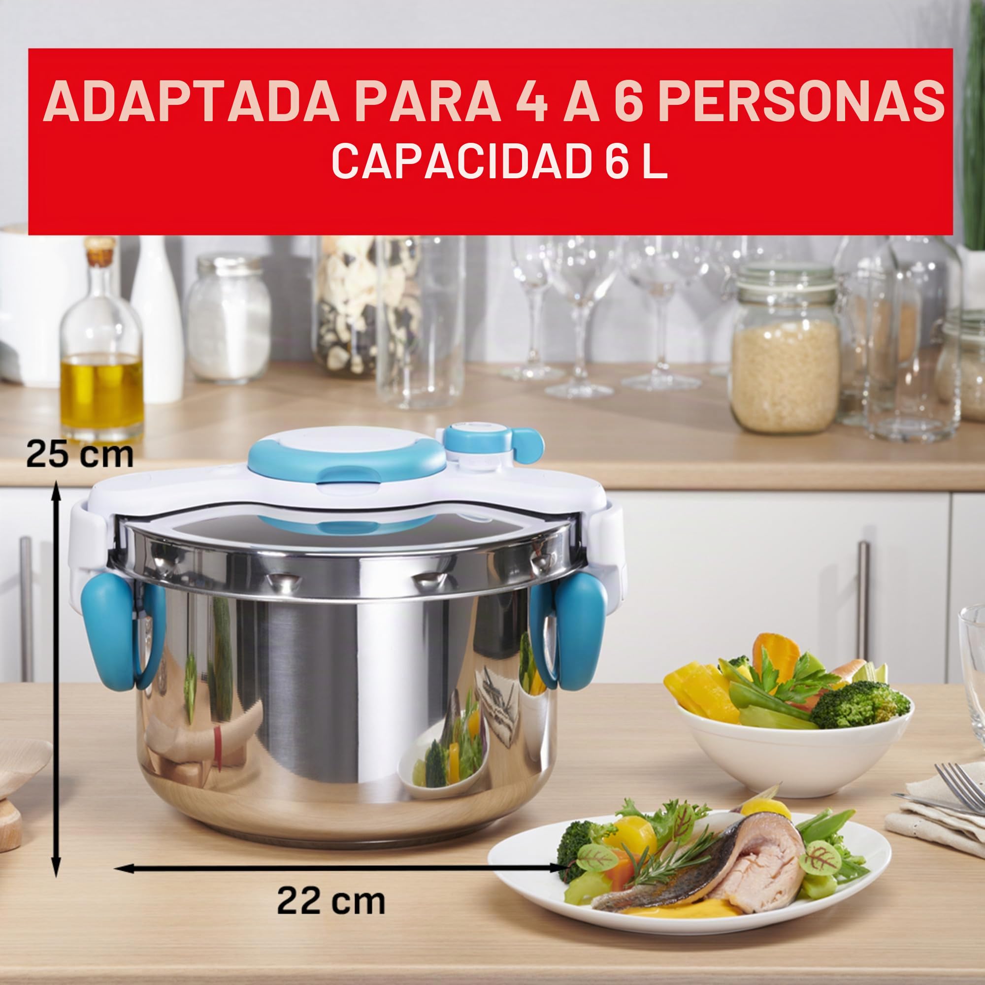 Seb 6 L Pressure Cooker, Induction, Stainless Steel Pressure Cooker, Plegable Handles, 100 Recipe Booklet, Made in France, ClipsoMinut'easy+ Blue P4900716