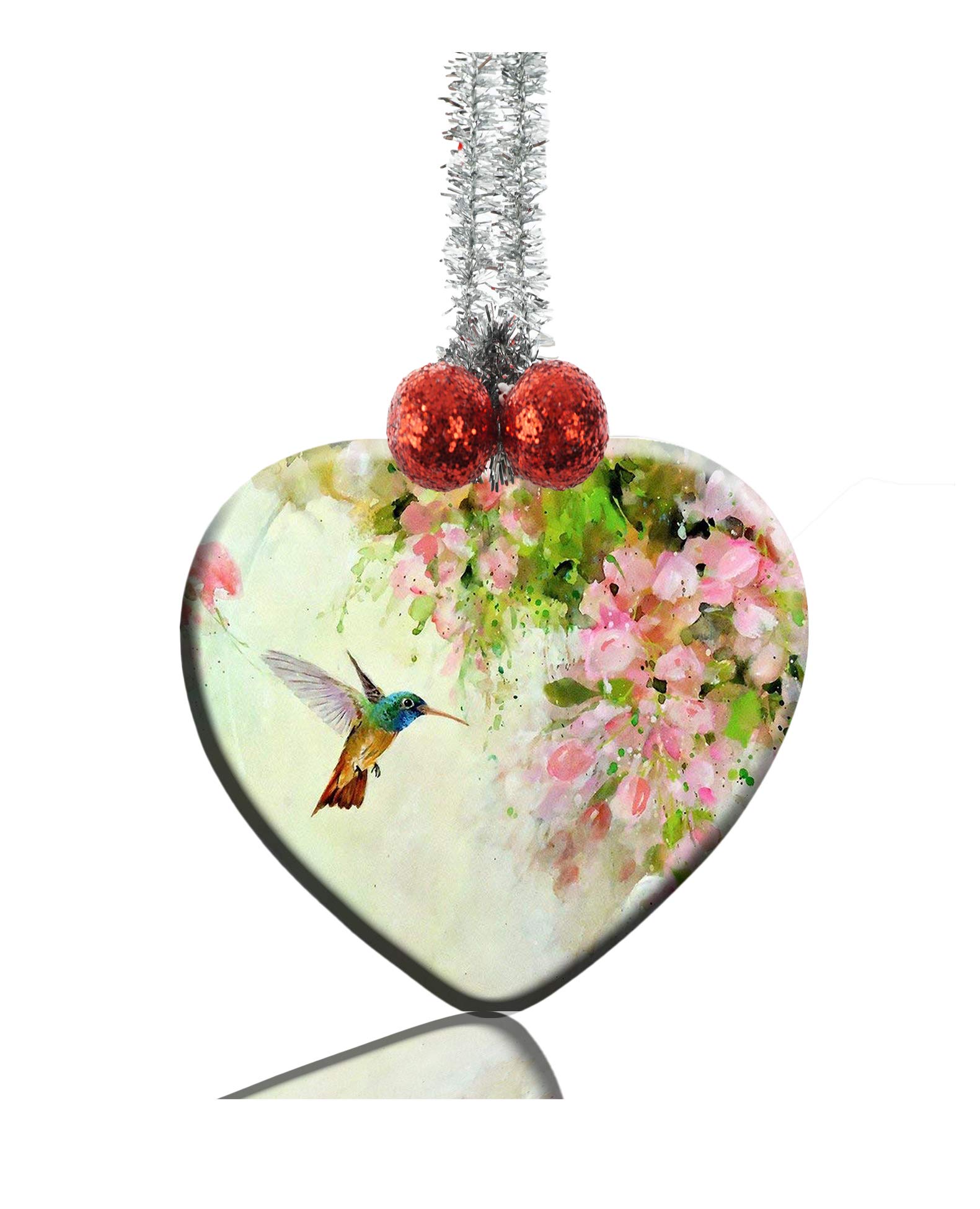 GDEE Custom Personalized Heart Porcelain Ornaments Christmas Ornaments Home Decoration (Lovely Hummingbird and Pink Flowers)