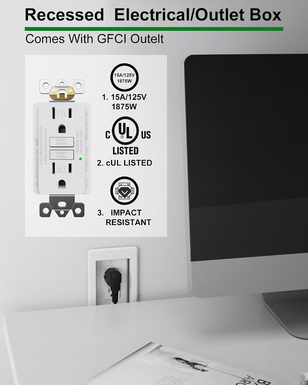 Recessed Outlet Box with GFCI Electrical Outlet, DVFR1W-1 Recessed Electrical Box for Wall Mount TV, 15Amp, Tamper Resistant, UL Listed, Self-Test, Suitable for Various Outlets, 1 Gang