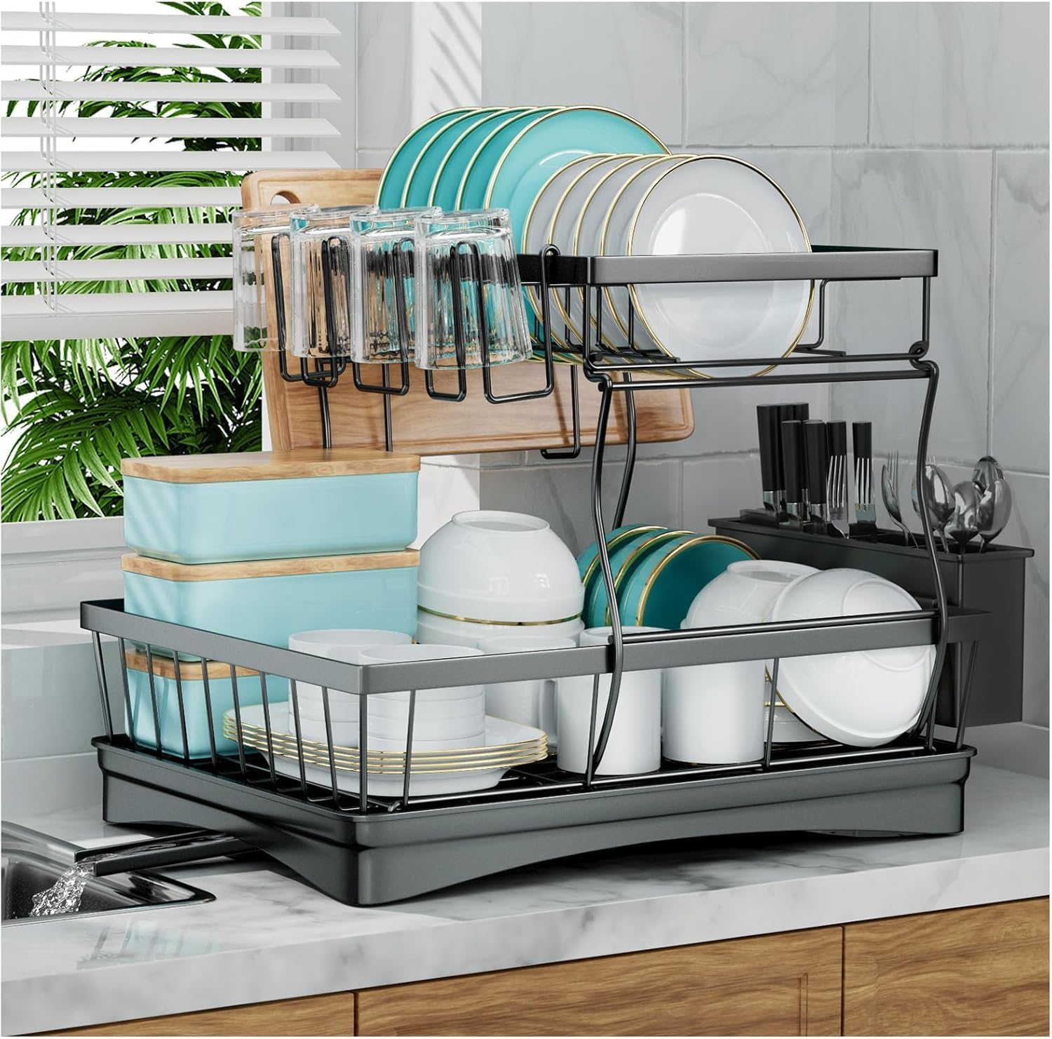 Valuxe Large Dish Drying Rack for Kitchen Counter – Stainless Steel Kitchen Dish Drying Stand | Detachable Large Capacity Dish Drainer Organizer, 2-Tier Dish Racks with Utensil Holder, Black