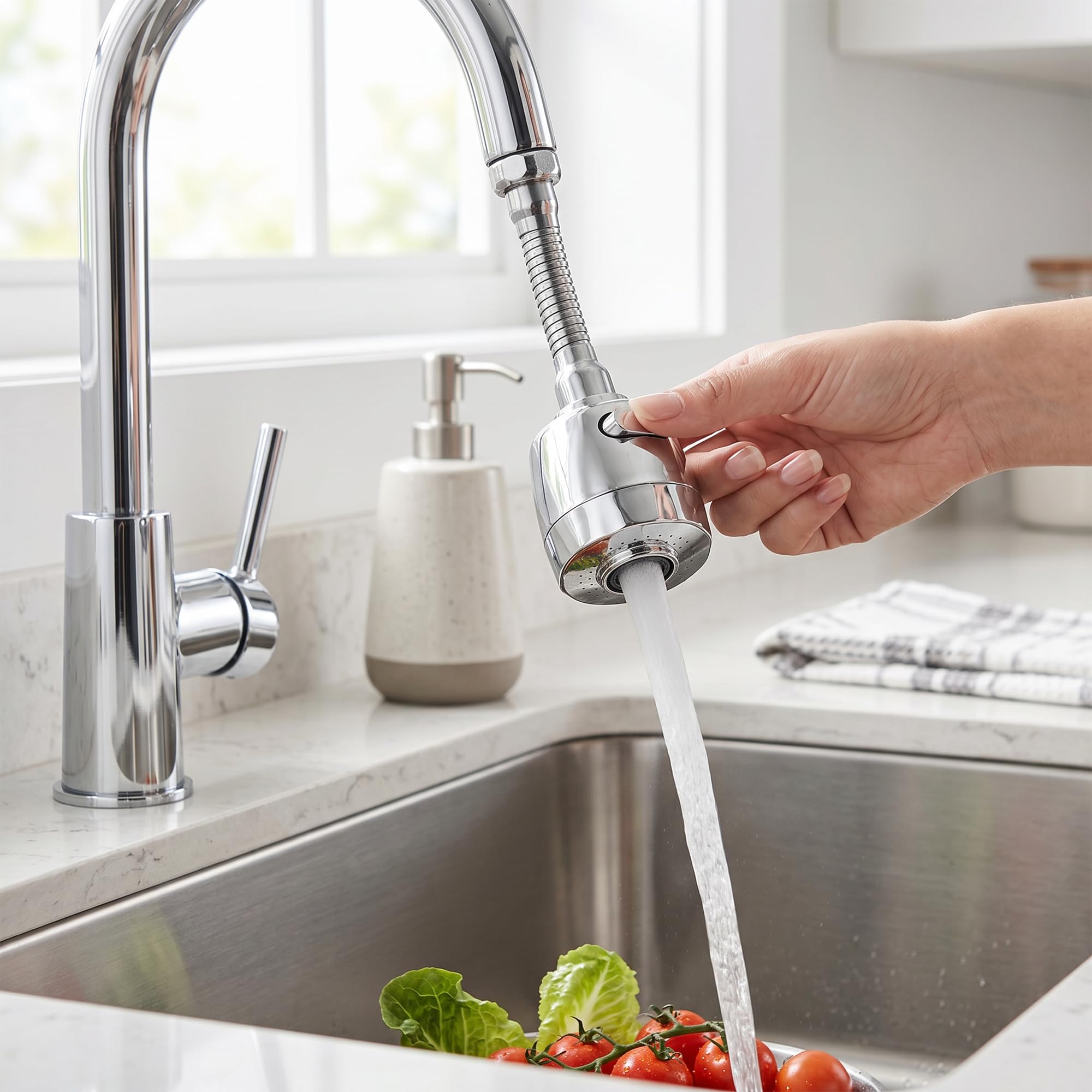 BonKaso Kitchen Sink Cock Extender, Flexible Faucet Extender with Dual Flow, SS + ABS Chrome Tap Attachment, 360° Swivel Sink Sprayer, Foam Flow & Shower Spray for Kitchen Basin Washing-image-48