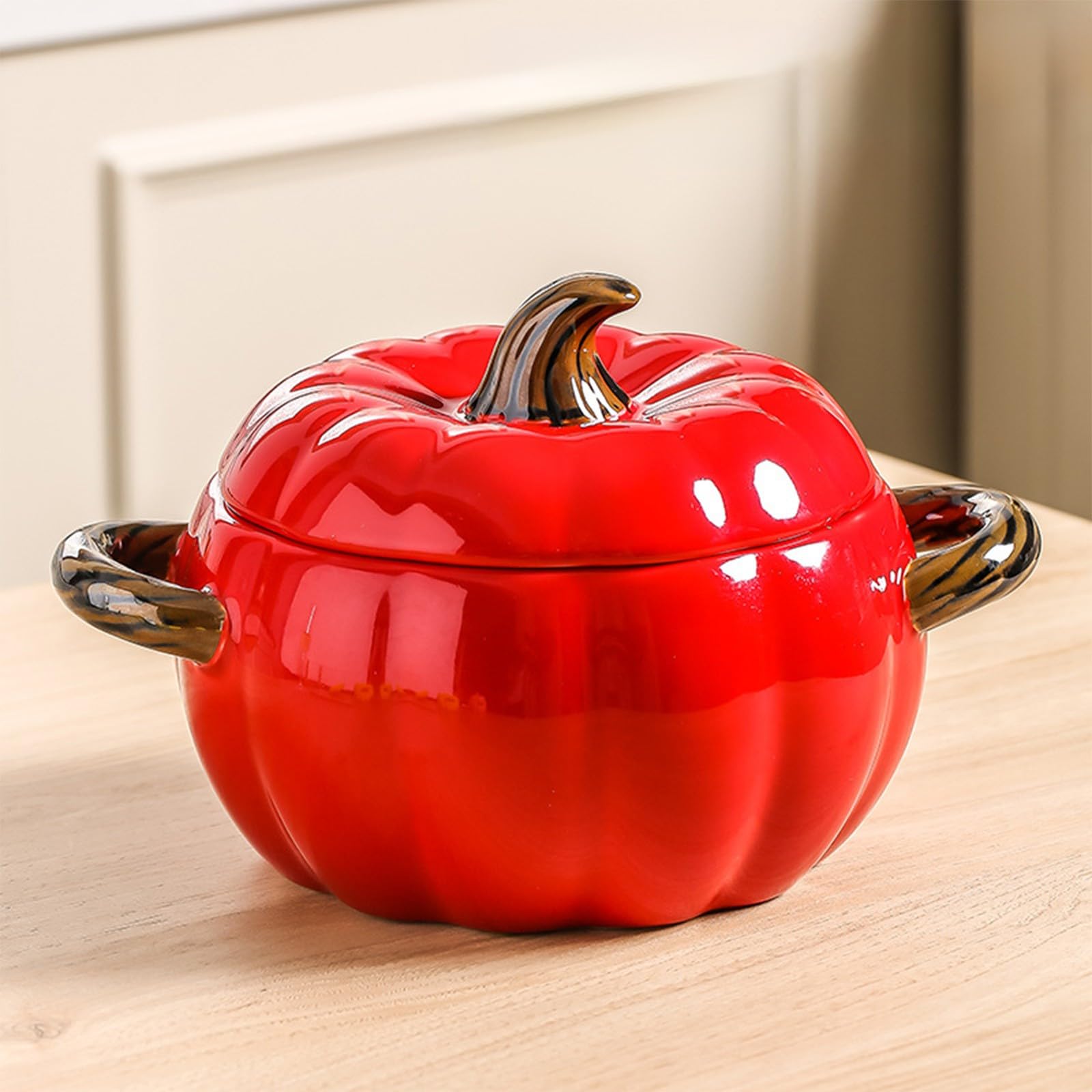 Bräter aus Keramik, antihaftbeschichtet, mit Deckel, mikrowellengeeignet, spülmaschinengeeignet, mit Griff, für Dessert oder Suppe, Dekoration für Thanksgiving, Halloween, Kürbisparty (rot)