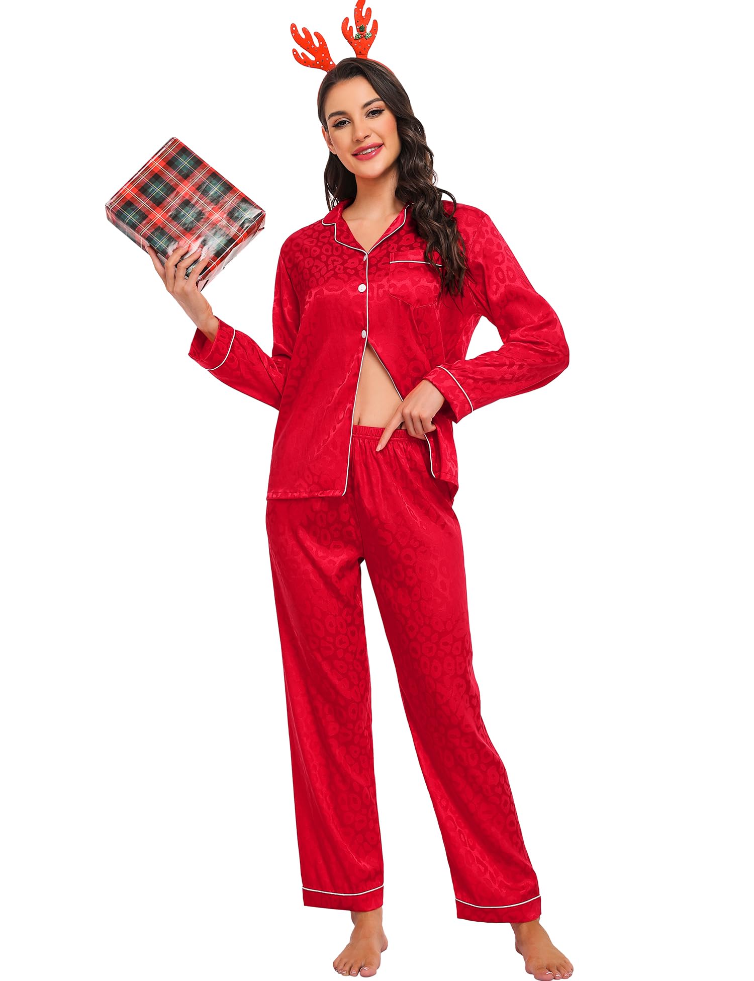 SWOMOG Womens Silk Satin Pajamas Set Long Sleeve Button Down Sleepwear 2 Piece Lounge Set Pj Set XS-3XL: Red Leopard X-Large