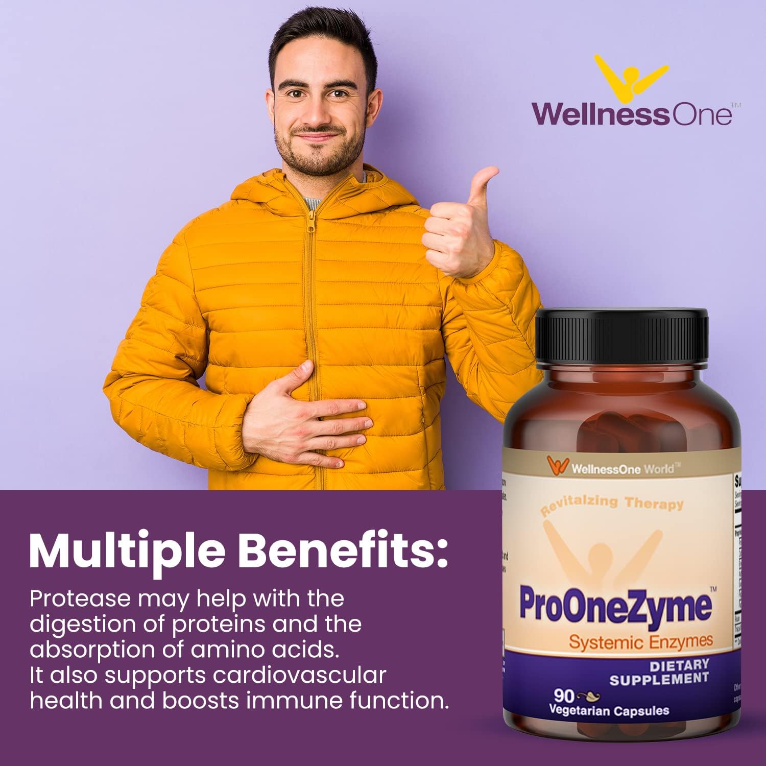 WellnessOne Proteolytic Enzymes Supplements - Digestion Systemic Enzymes Supplement Support for Muscles, Joint & Cell - Pro-OneZyme Systemic Proteolytic Enzymes w/Nattokinase & Seaprose - 90 Capsules
