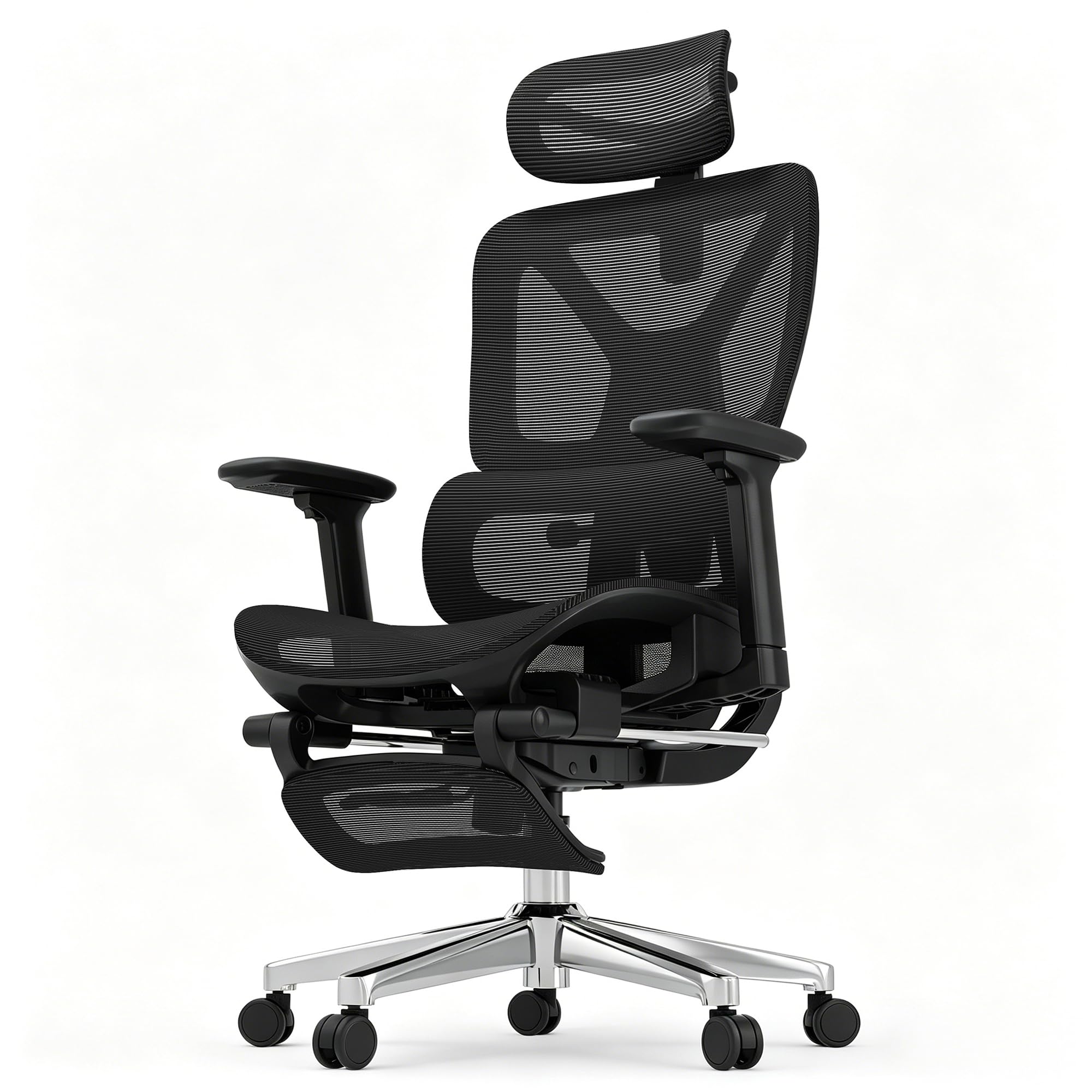 FLEXISPOT ErgoX Chaise Bureau avec Repose-Pieds, Accoudoirs 3D, Chaise de Bureau Ergonomique en Maille Pivotante, Réglable en Hauteur avec Appuie-tête et Soutien Lombaire Indépendant, Noir
