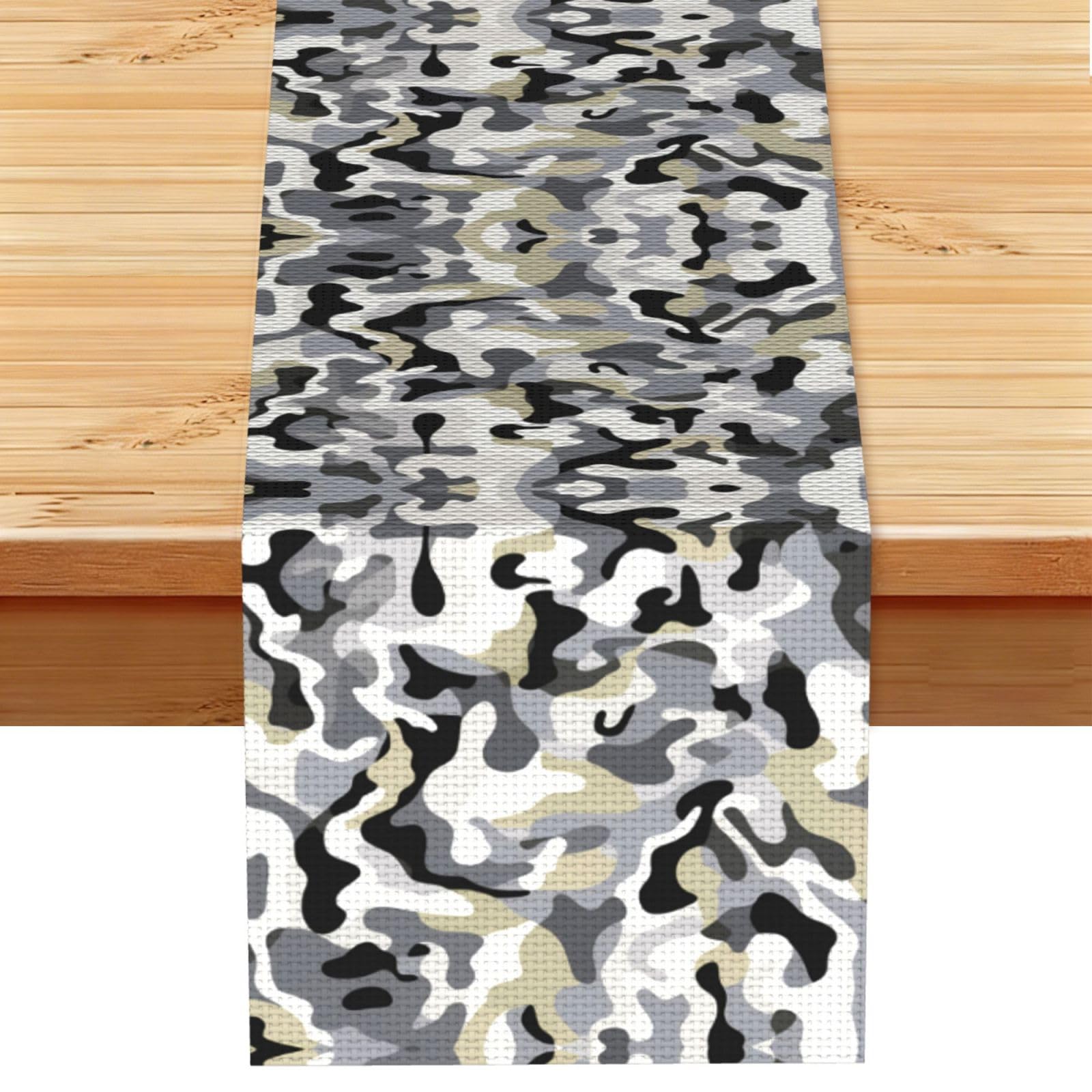 Sleek Grey White Camo Printed Table Runner 13 x 72, Wrinkle Resistant Decor for Dining Table Coffee Table Fireplace