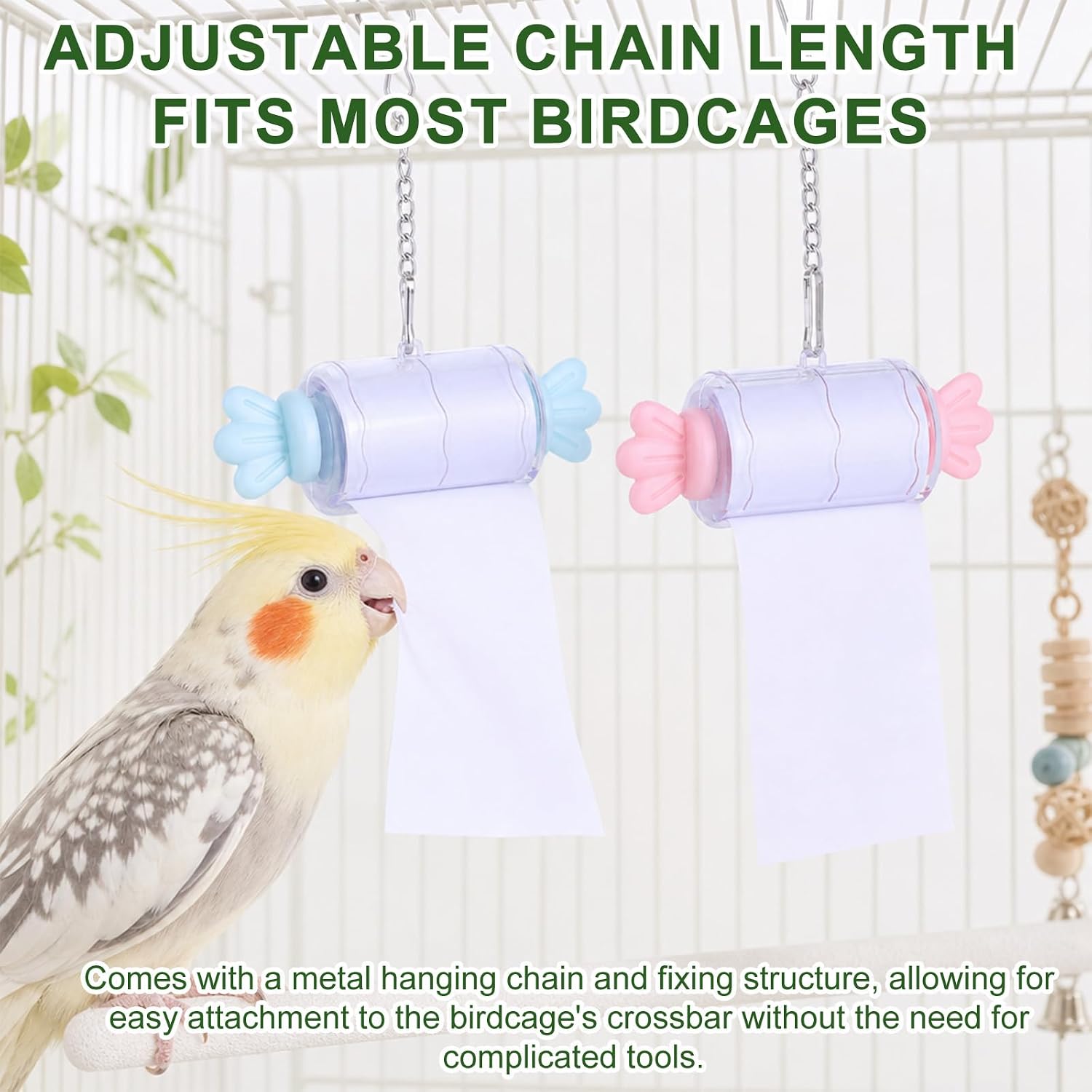 2pcs Candy-Shaped Parrot Paper Roll Toys | Refillable Hanging Bird Shredding Foraging Chew Interactive Toy Bird Cage Enrichment Accessories for Small Birds, Blue, Pink
