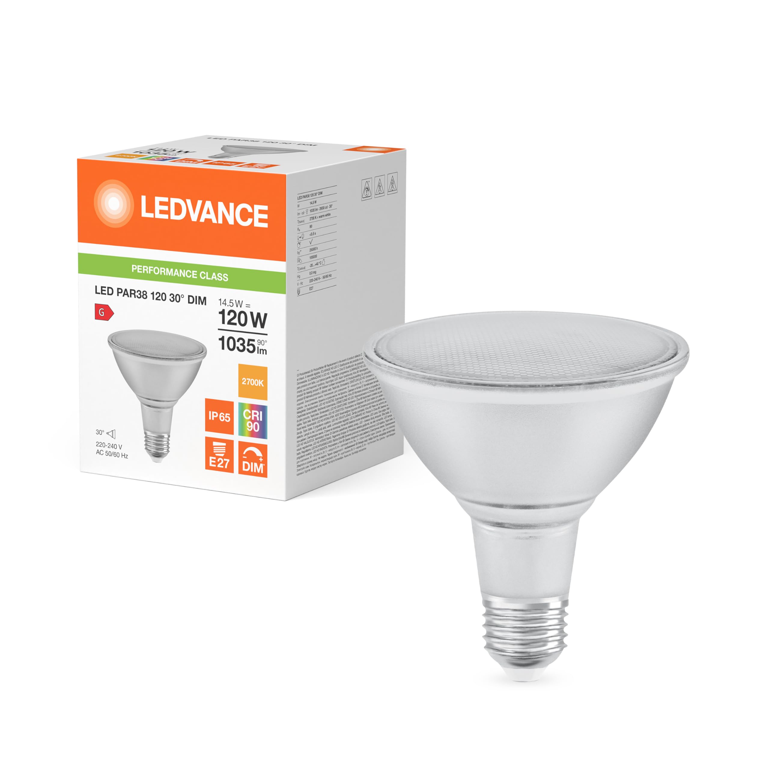 LEDVANCE 6x LED PAR38 Reflektorlampe, Warmweiß, 14,5W, E27, Dimmbar, 1035 lm, 30° Abstrahlwinkel, 120W Ersatz, 220-240V 6er SPARPACK
