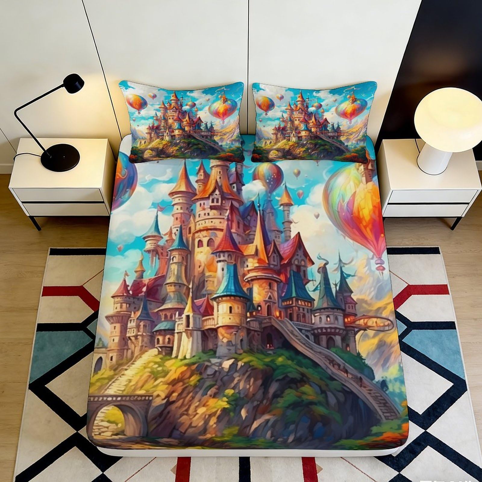 Uxinyoume Style-3 3D Printed Fantasy Castle Fitted Sheet Microfiber Vibrant Hot Air Balloon Bed Sheet For Bedroom Dorm Decor 90X200x25cm