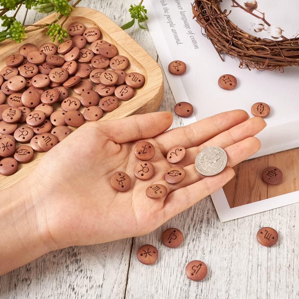 Craftdady 240pcs Wood Zodiac Sign Link Charm 15mm Flat Round 12 Constellation Wooden Bead Connector Link 2- Hole for Bracelets Necklaces Earrings Jewelry Crafts Making
