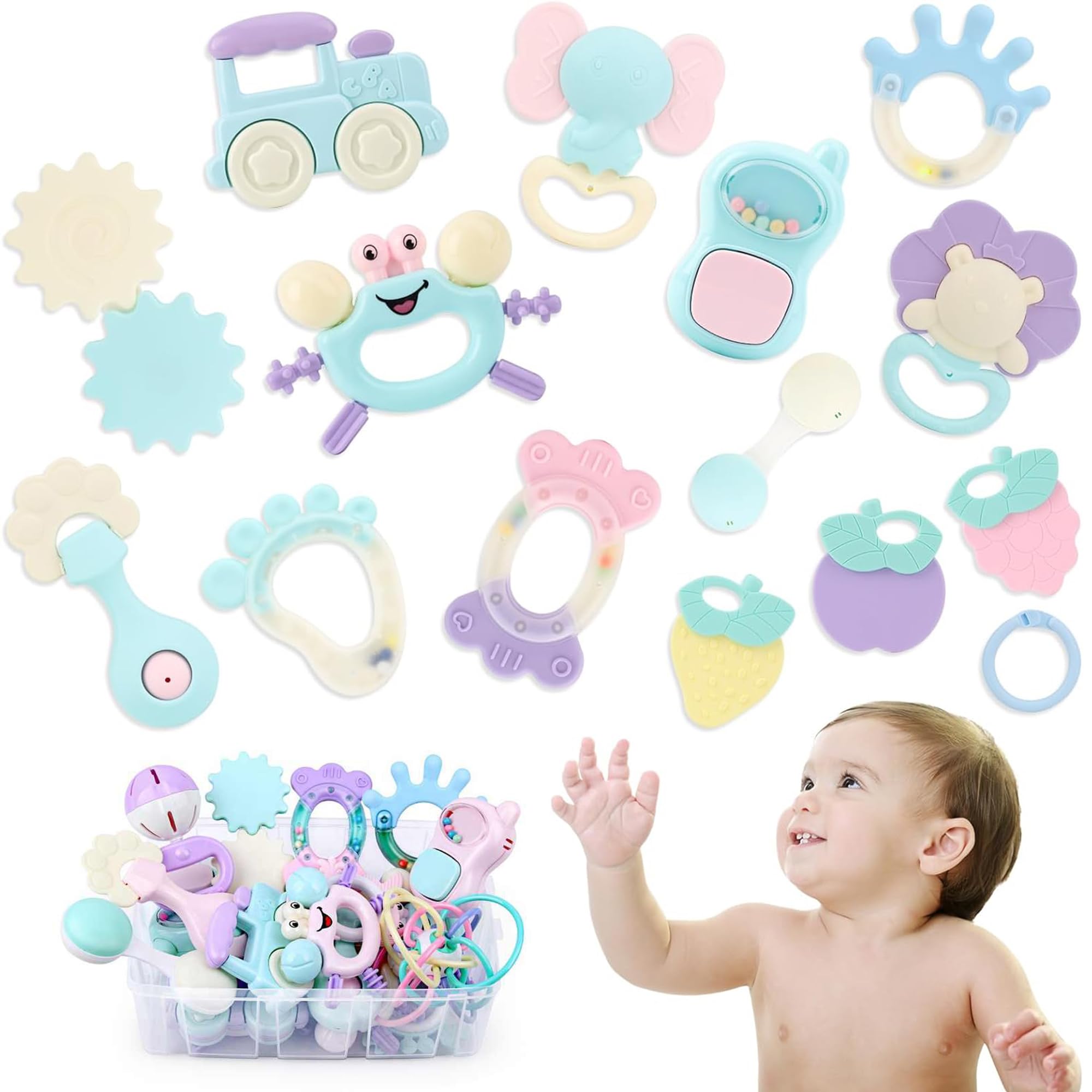 Baby Teether Toy 14 Pcs - BPA Free Soft Silicon Teething Baby Set for Babies 1-12 Months with Storage Box Rattle Sensory Toys for Newborns Infant Teething Pain Relief Newborn Baby Gift box