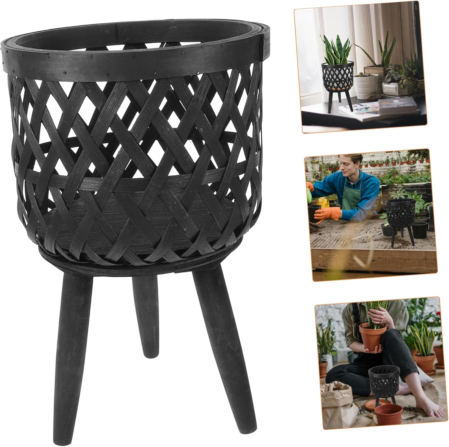 Sosoport Wooden Plant Stand Rustic Woven Plant Basket for Indoor Outdoor Home Supplies Decorative Rack