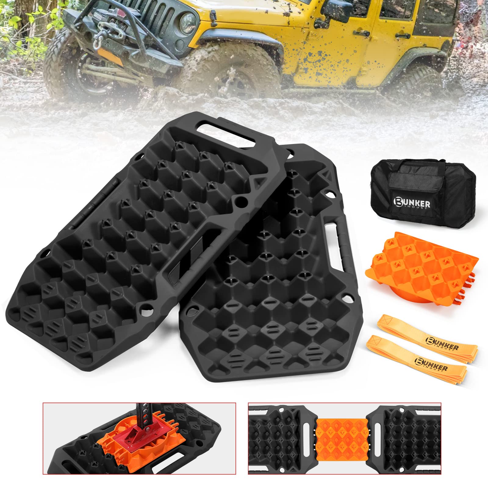 BUNKER INDUST Off-Road Traction Boards with Jack Lift Base,Pair Multifunctional Recovery Tracks Traction Mat Snow Mud Sand Ramp-Black 4X4 Tire Traction Treads with Carry Bag
