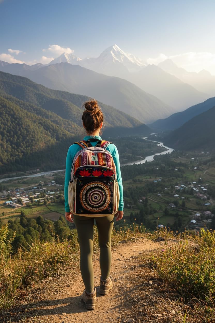 Anitya Hemp Backpack, 16x11 inches, Multi-Compartment Boho Daypack with Laptop Sleeve, Mandala & Lotus Embroidered Front Pocket, Handmade Nepal Hemp Bag, Unisex Eco-Friendly Travel Backpack - Image 2